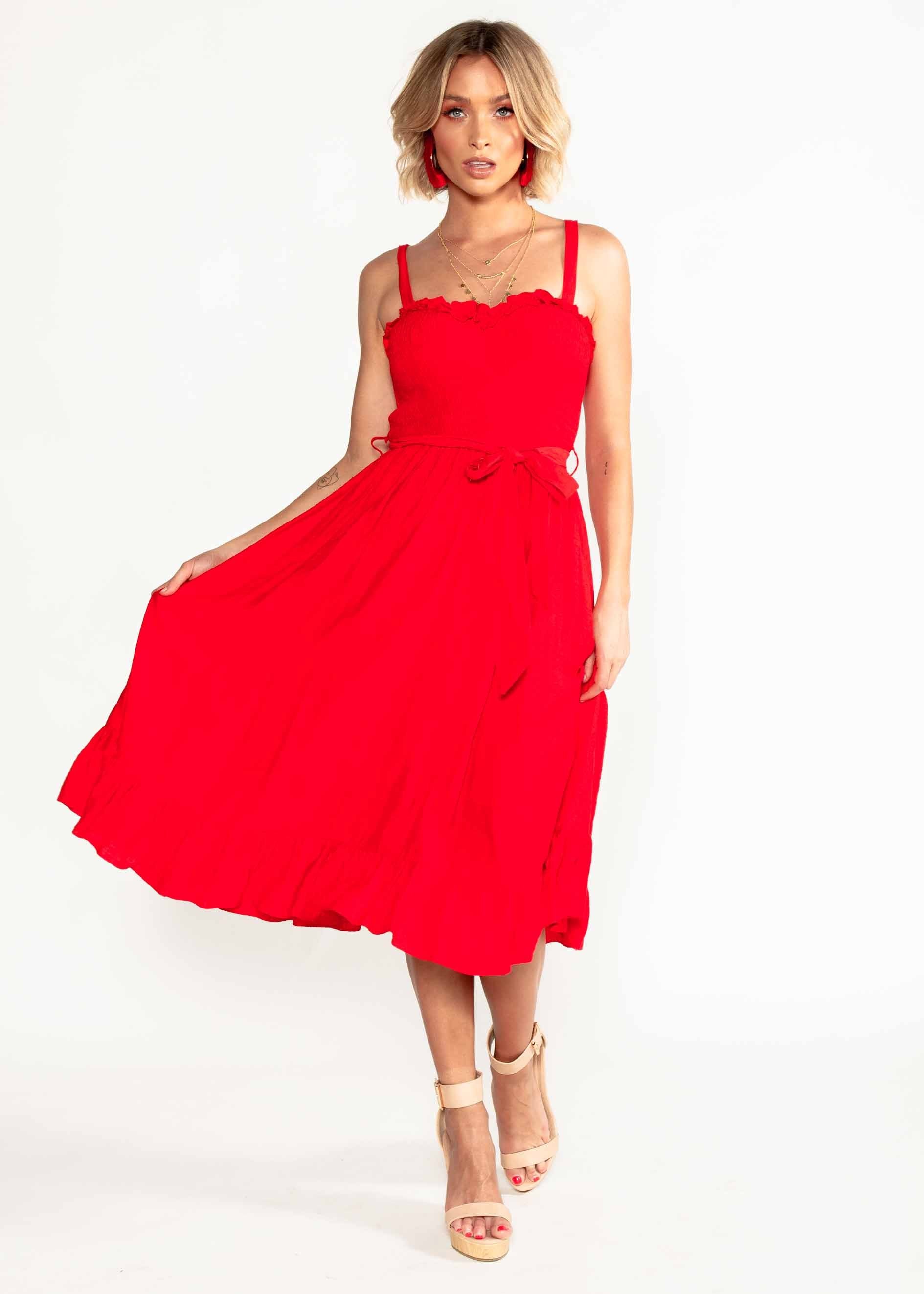 Great Escape Midi Dress w/ Tie - Red