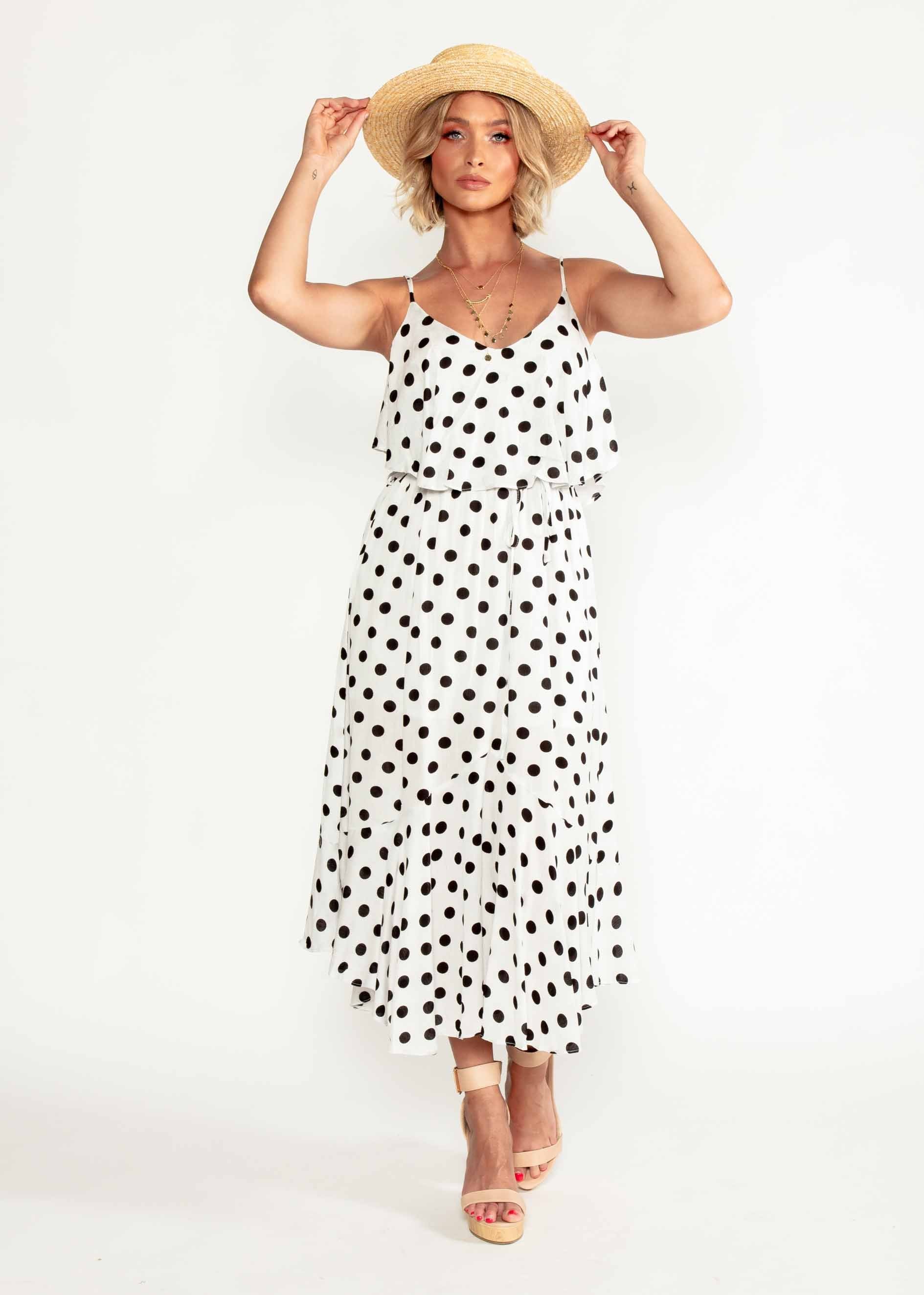 Melody Midi Dress w/ Tie - White Polka