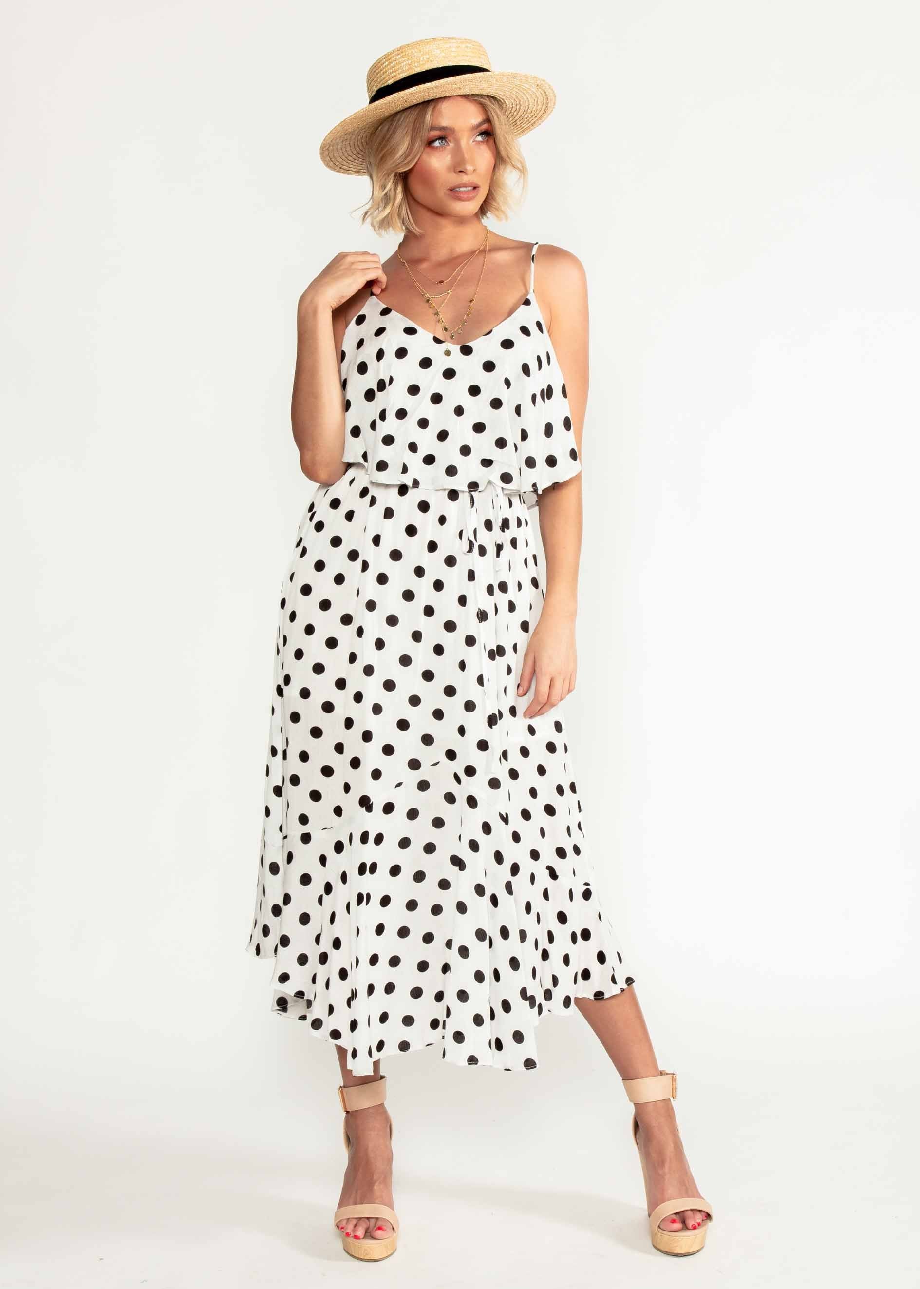 Melody Midi Dress w/ Tie - White Polka