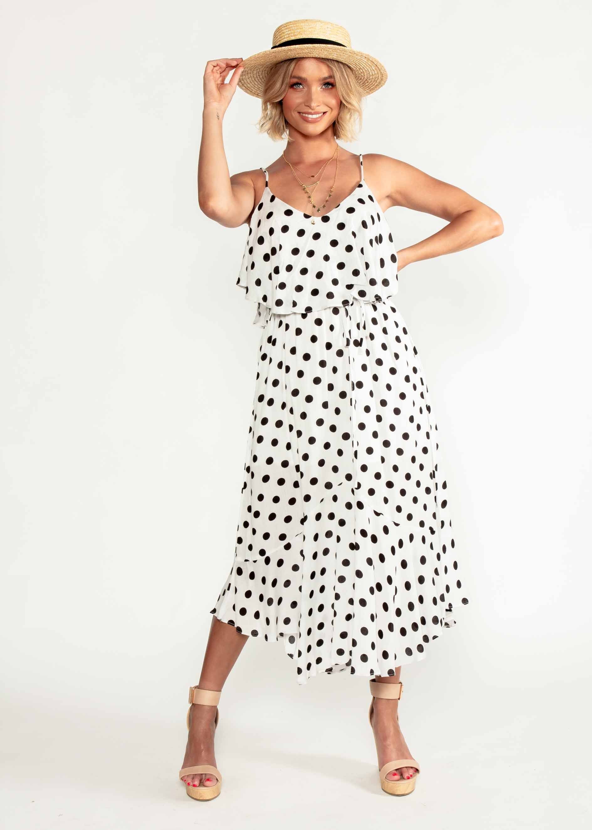 Melody Midi Dress w/ Tie - White Polka