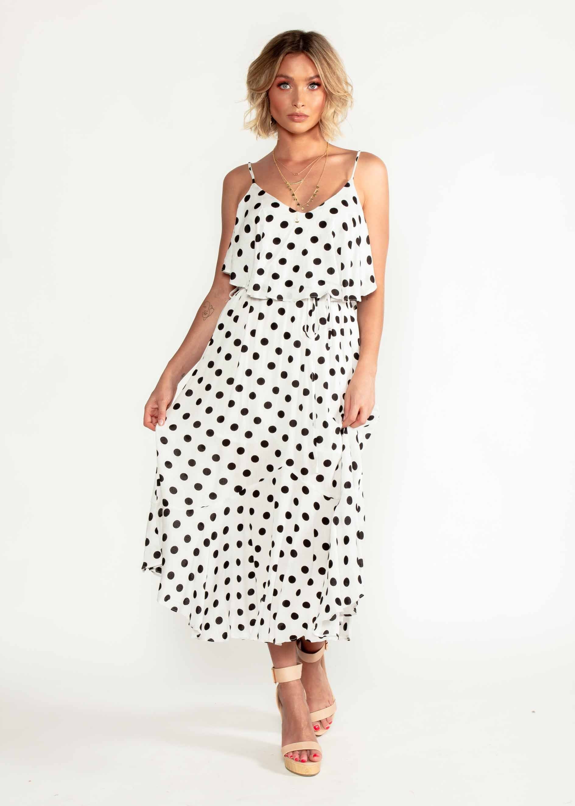 Melody Midi Dress w/ Tie - White Polka