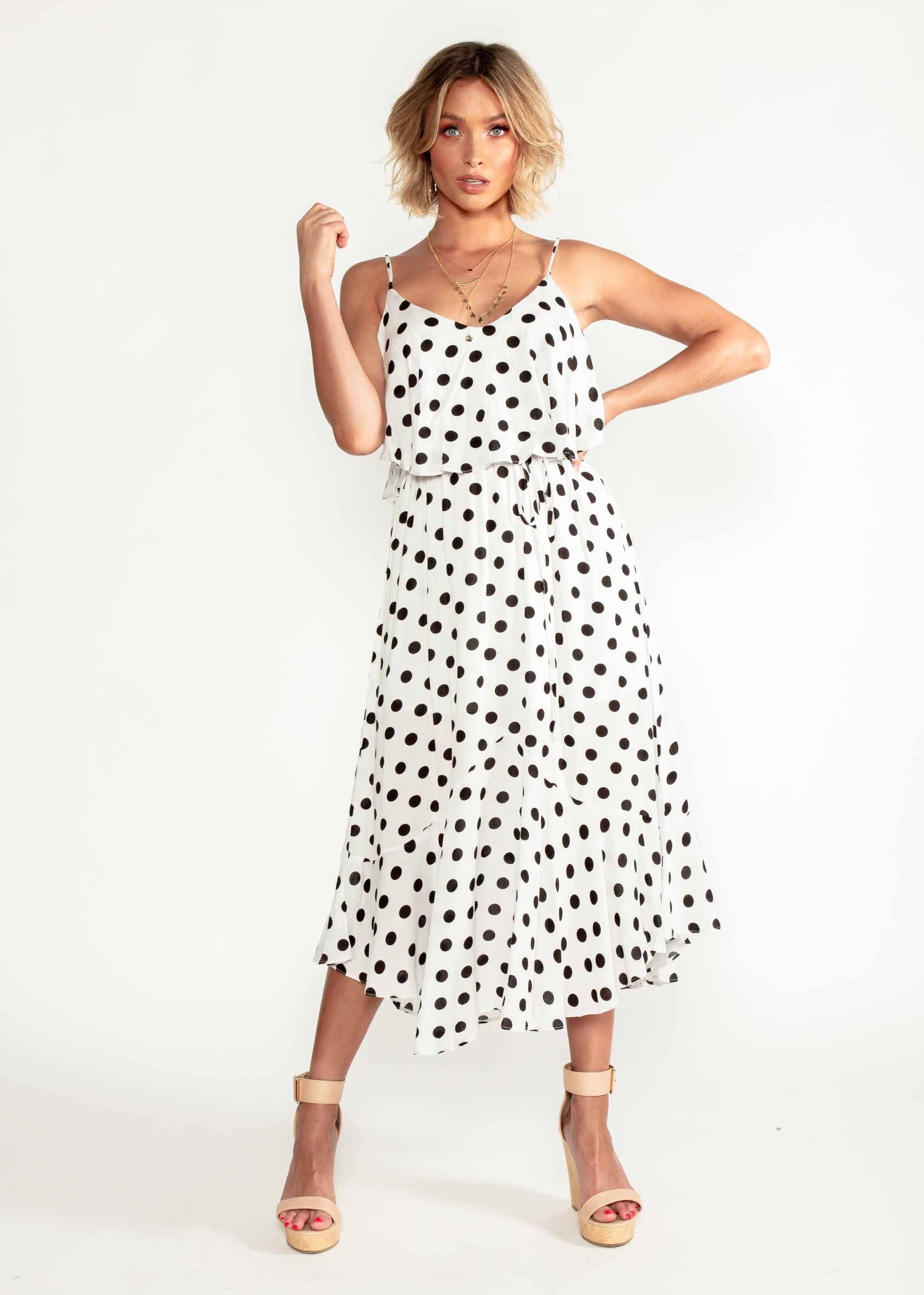 Melody Midi Dress w/ Tie - White Polka