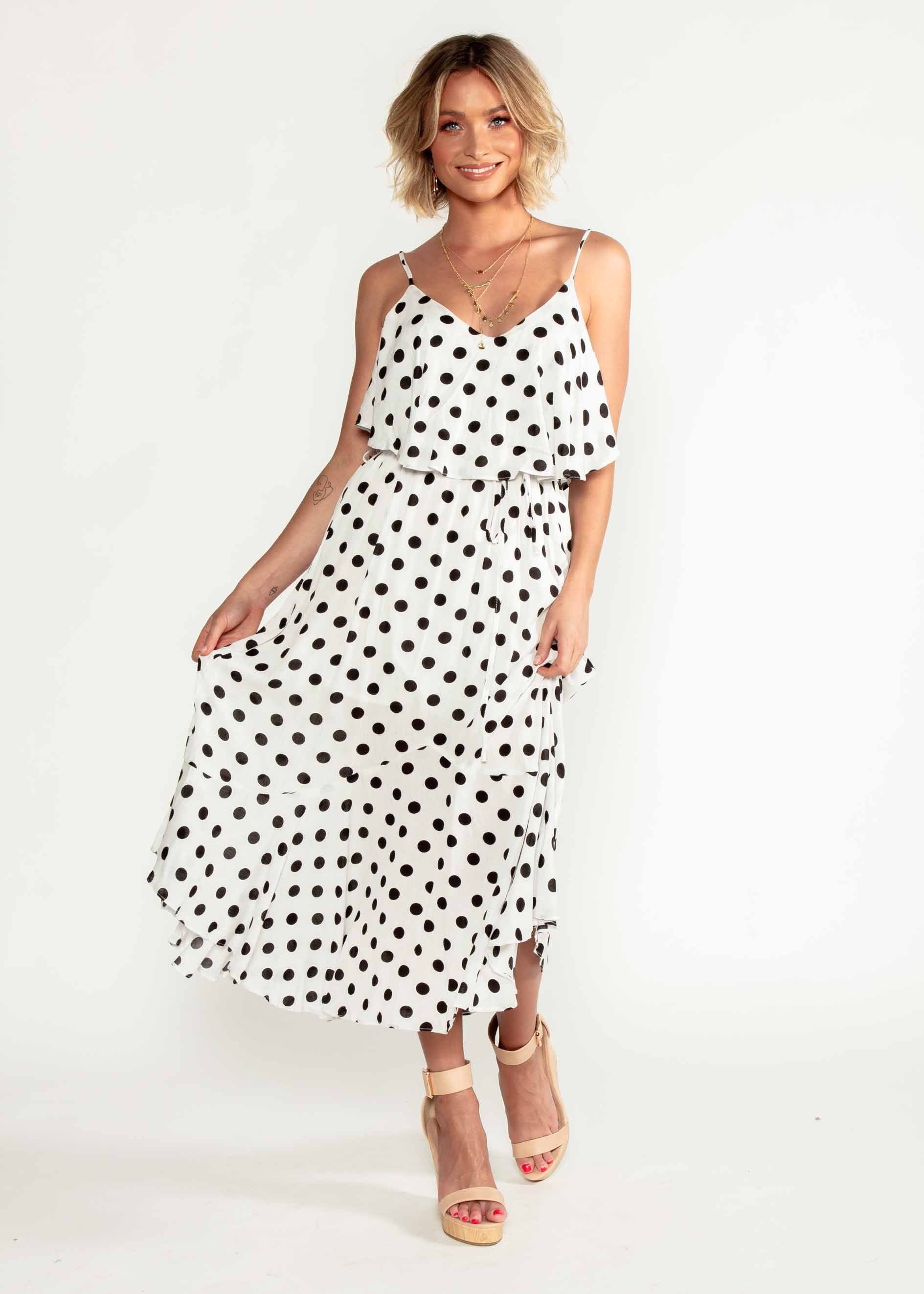 Melody Midi Dress w/ Tie - White Polka
