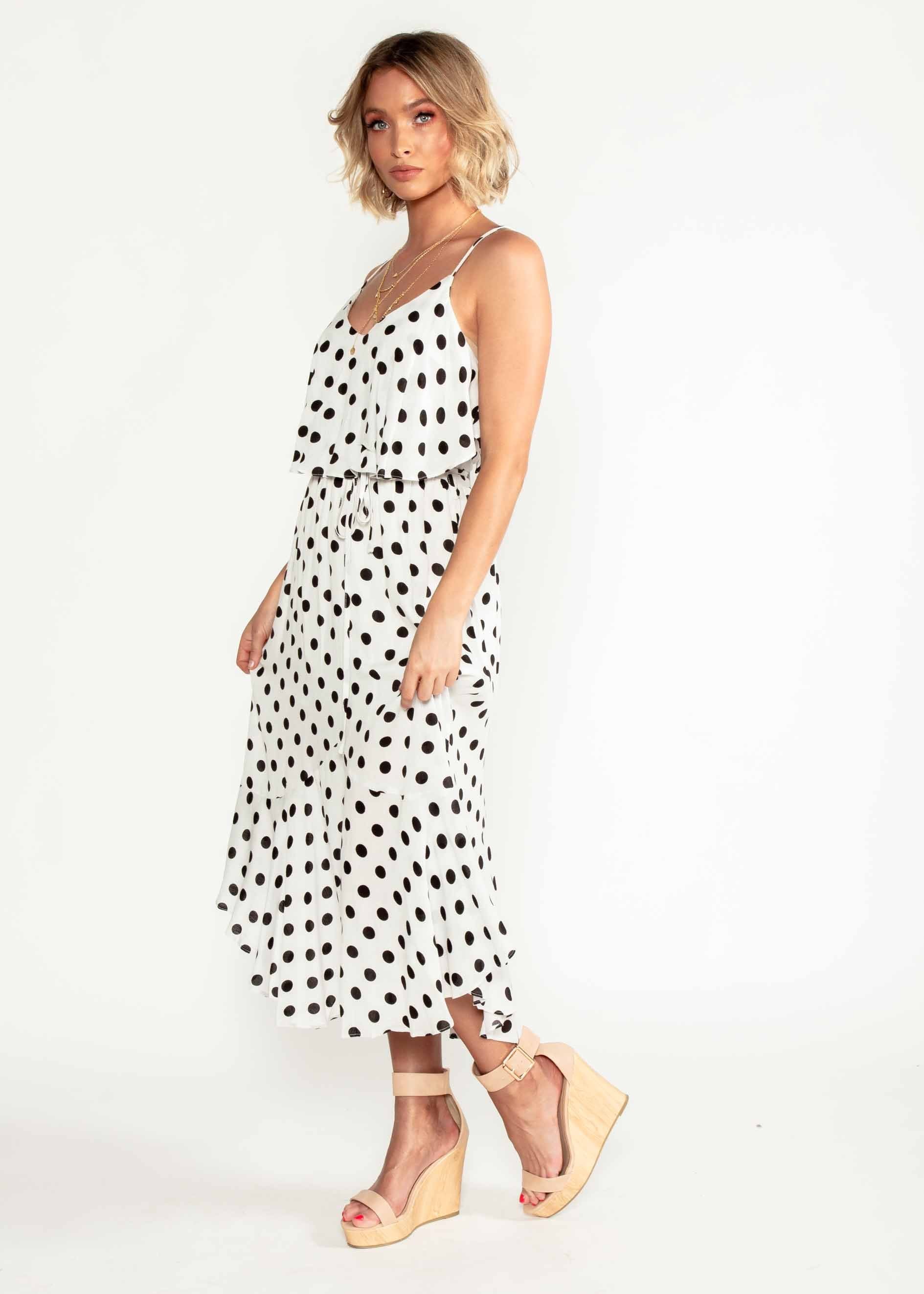 Melody Midi Dress w/ Tie - White Polka
