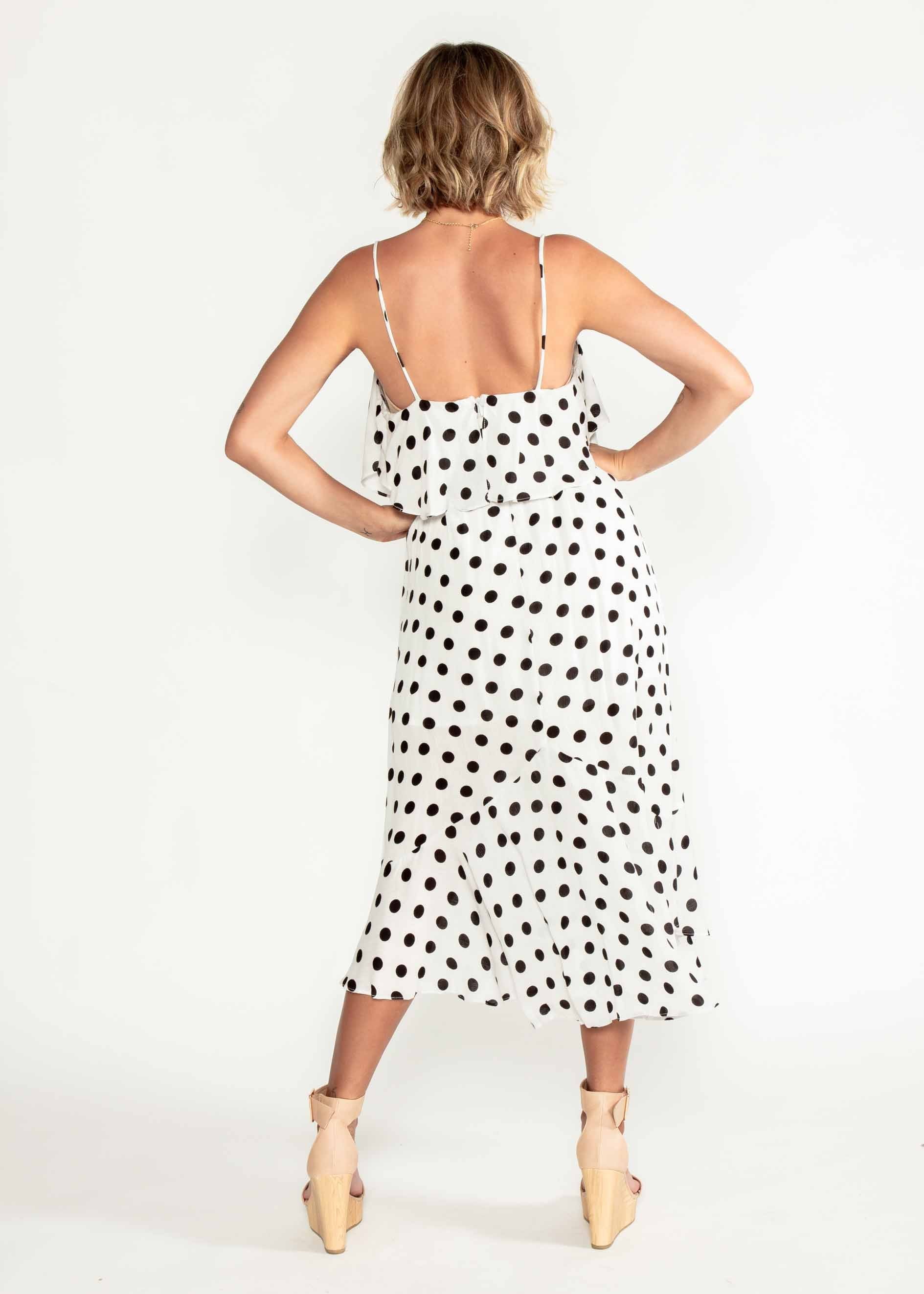 Melody Midi Dress w/ Tie - White Polka