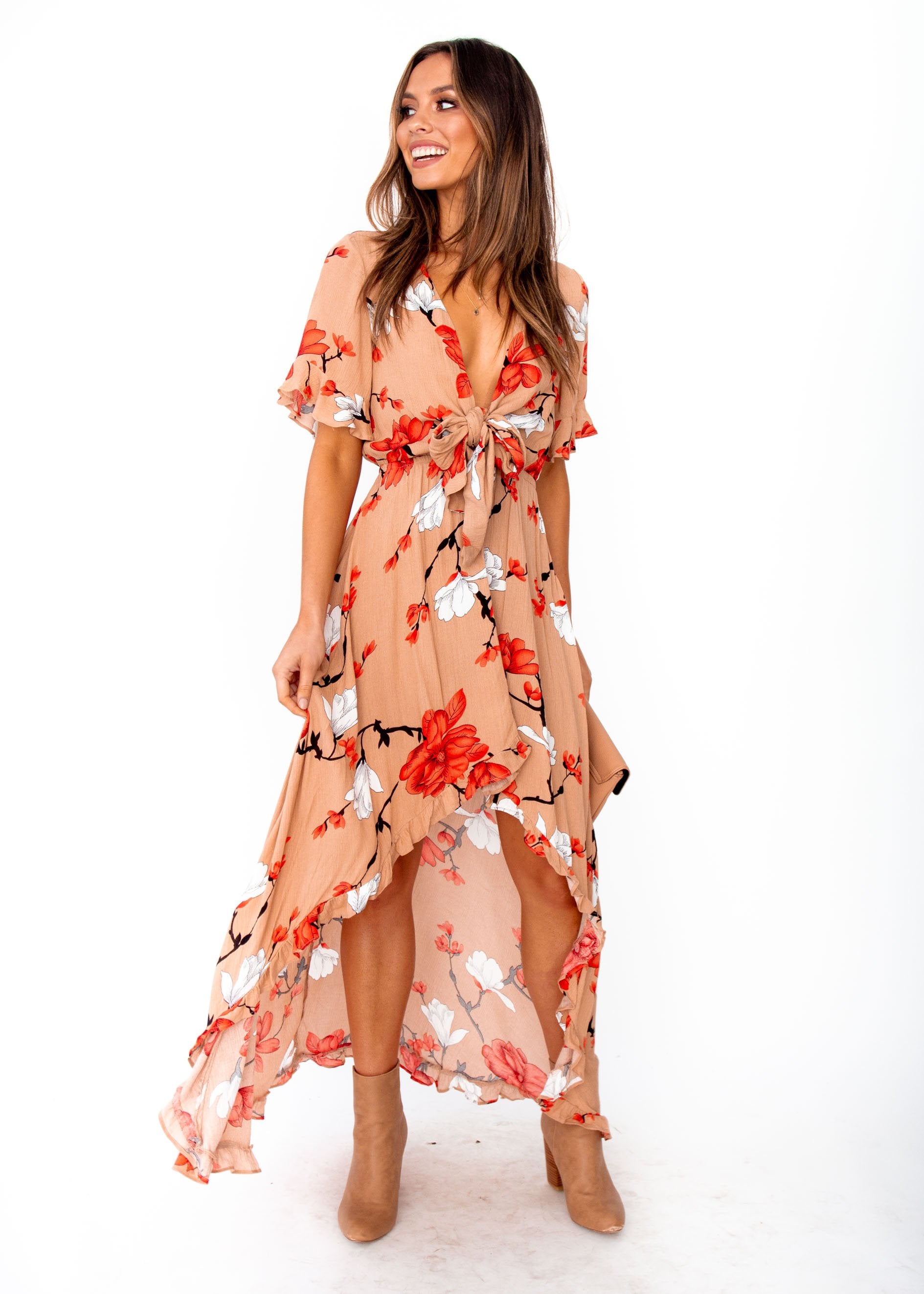 Harmony Tie Hi-Low Midi Dress - Mocha Floral