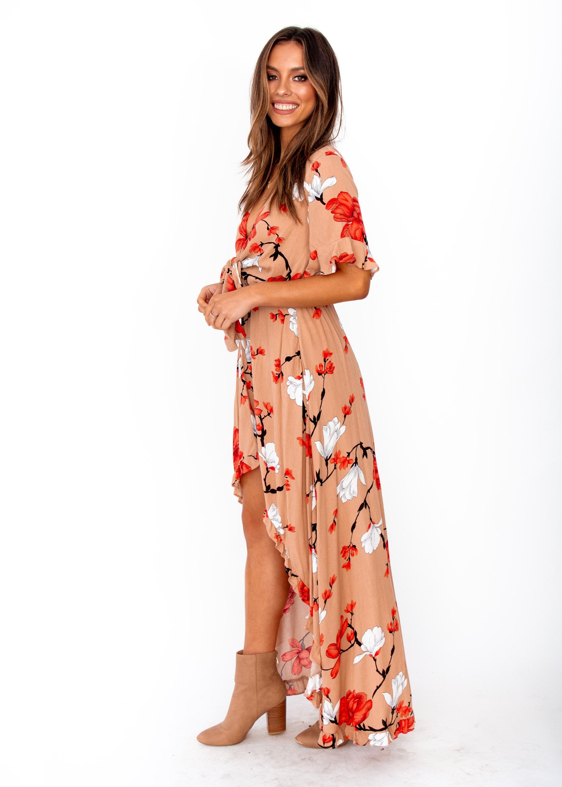 Harmony Tie Hi-Low Midi Dress - Mocha Floral