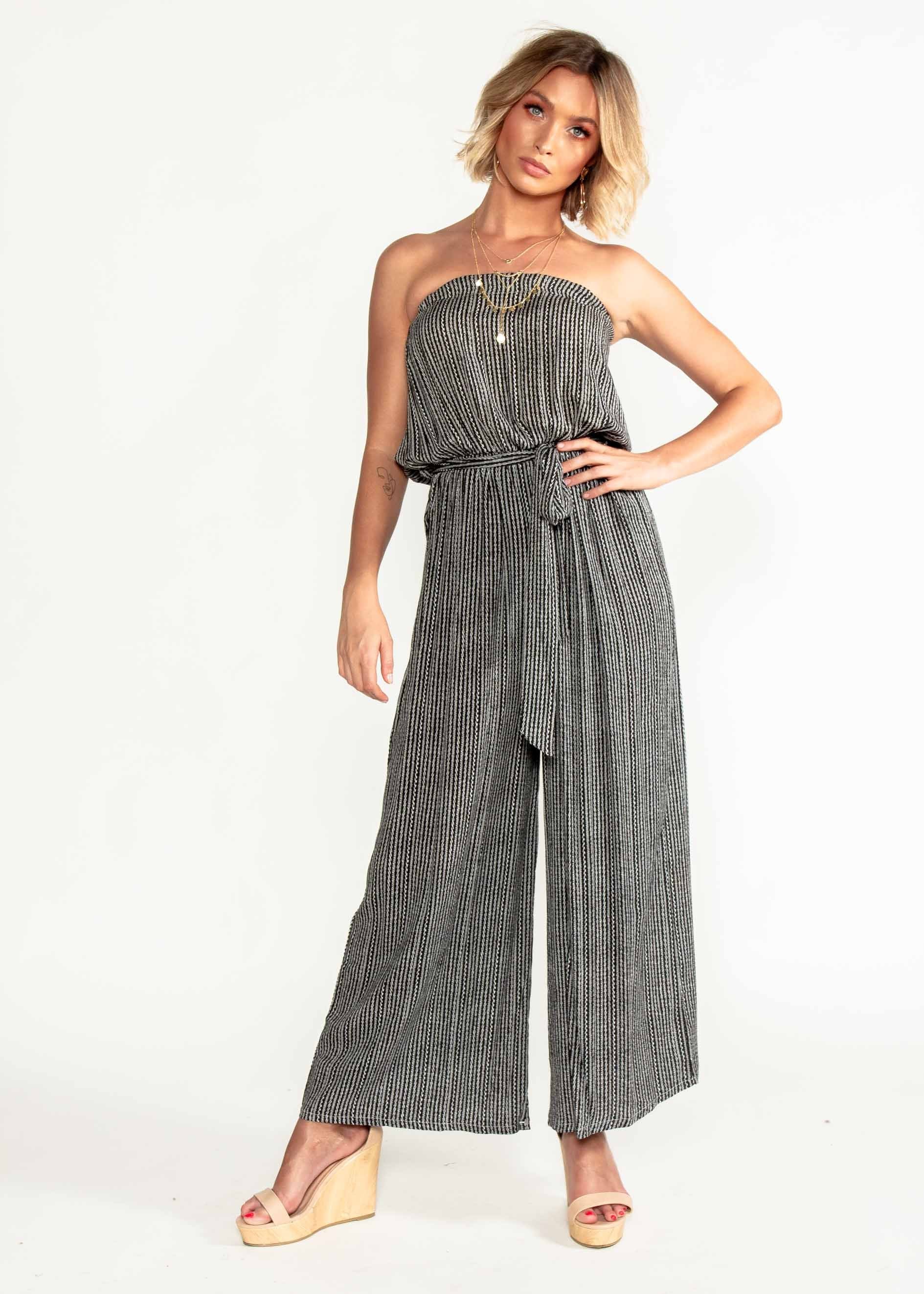Dream Big Strapless Pantsuit w/ Tie - Black Print