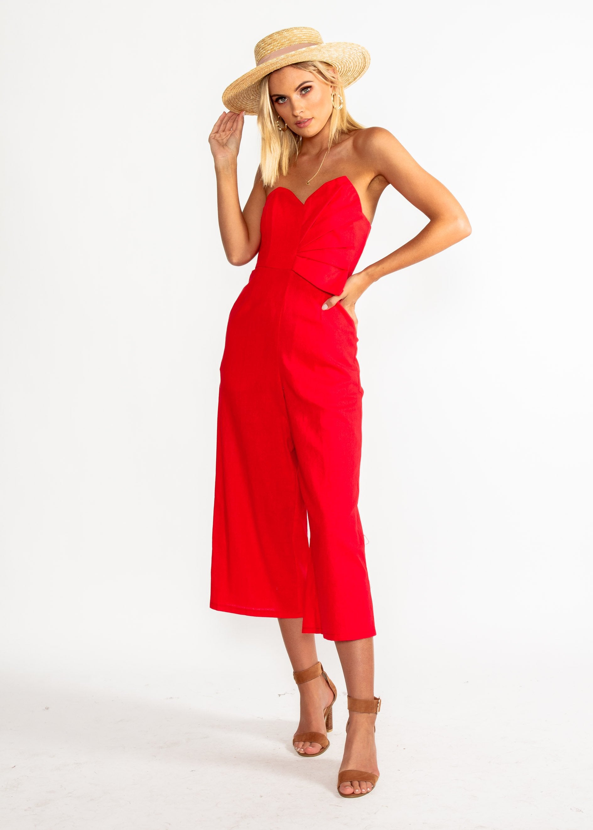 Rapid Fire Linen Strapless Pantsuit - Red