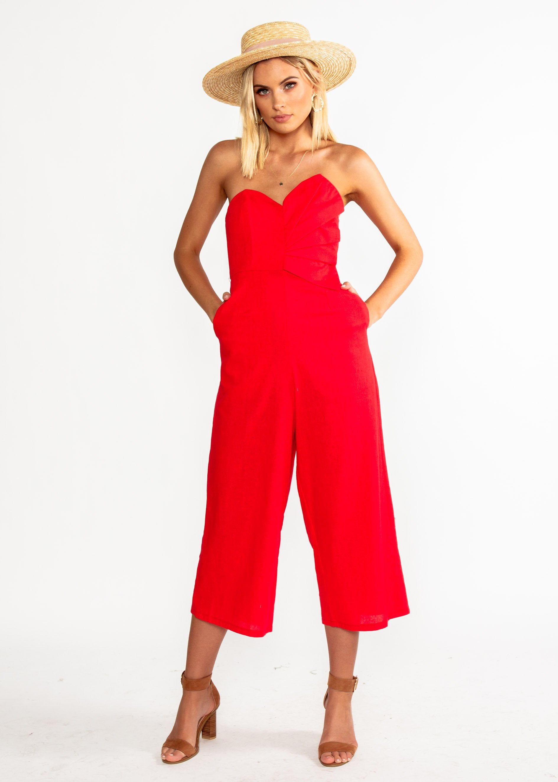 Rapid Fire Linen Strapless Pantsuit - Red