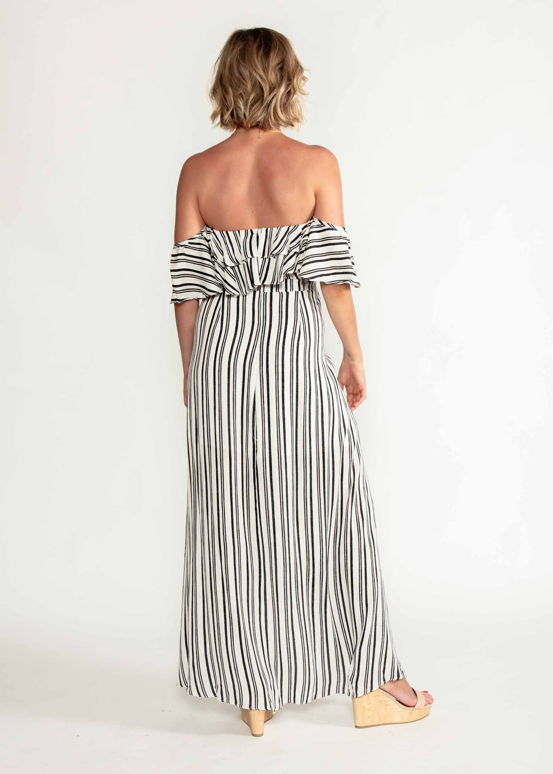 Low Tides Off Shoulder Maxi Wrap Dress - Navy Stripe