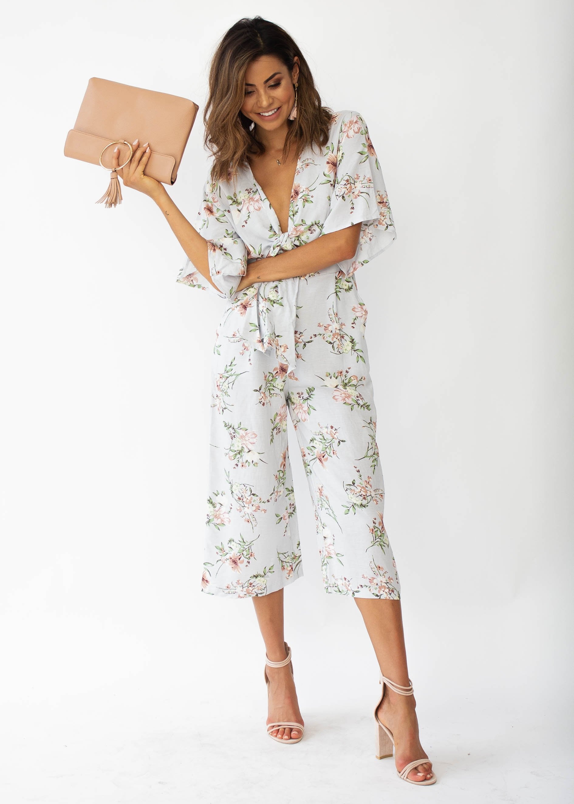 Aleia Tie Linen Pantsuit - Blue Floral