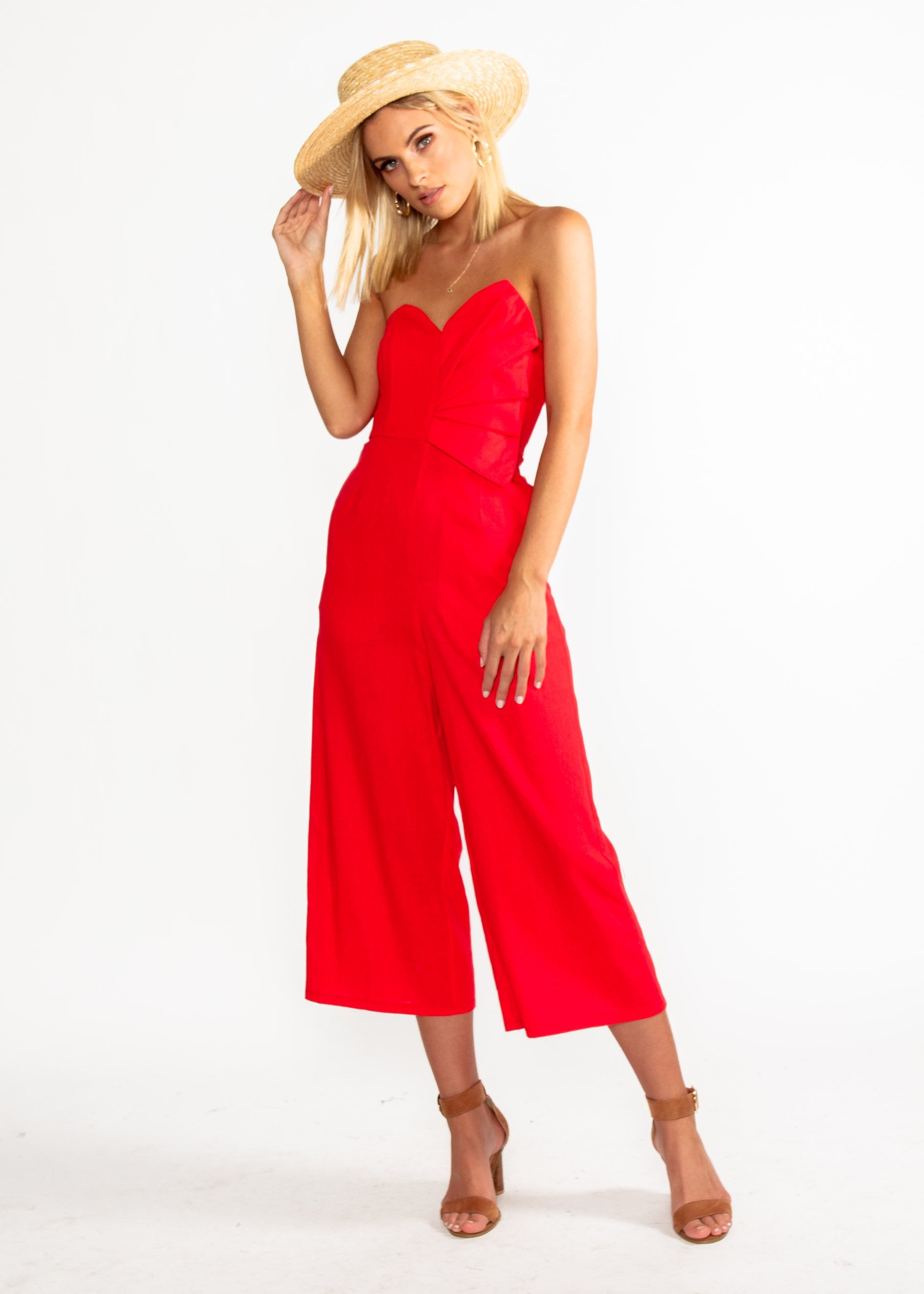 Rapid Fire Linen Strapless Pantsuit - Red