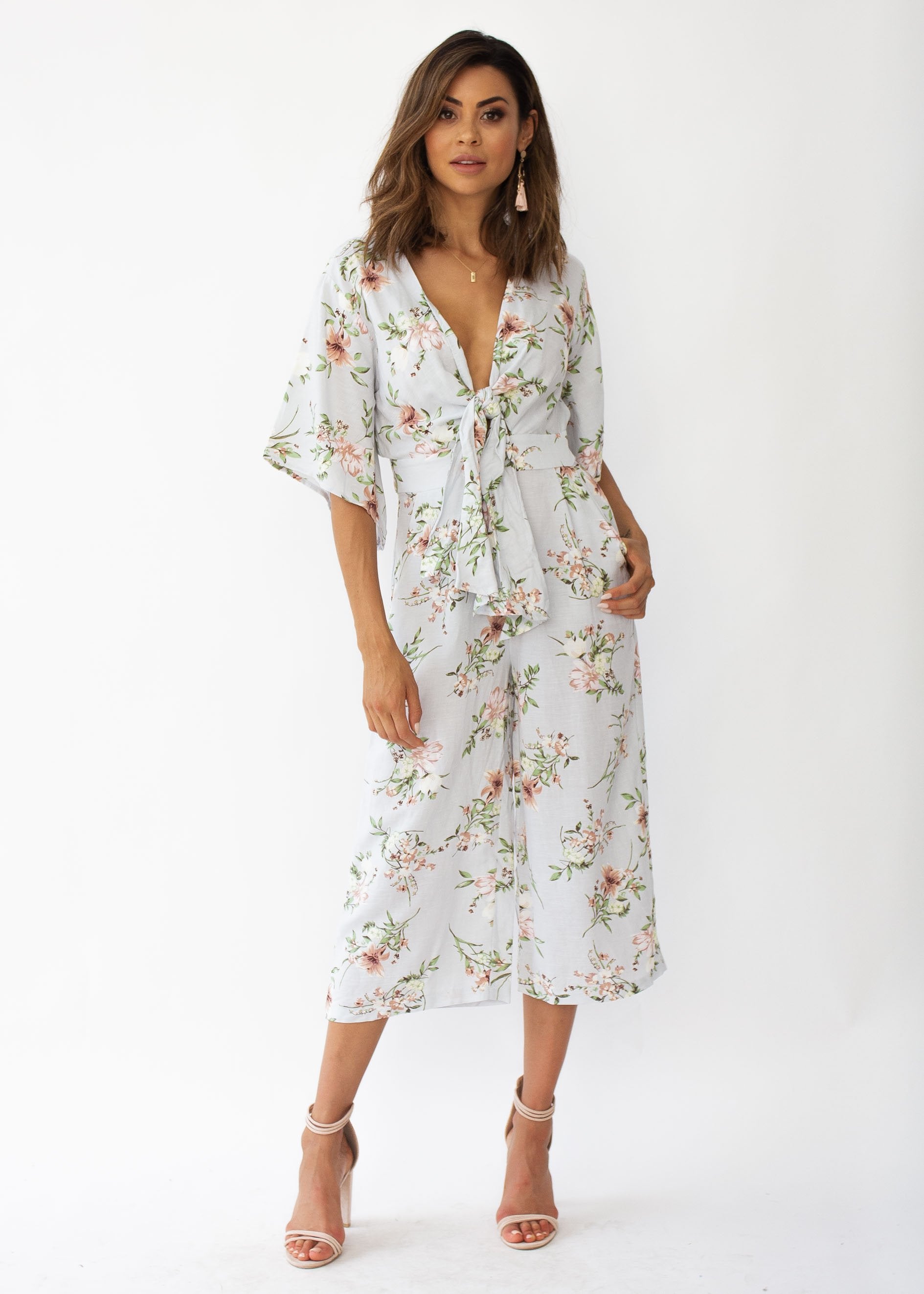 Aleia Tie Linen Pantsuit - Blue Floral