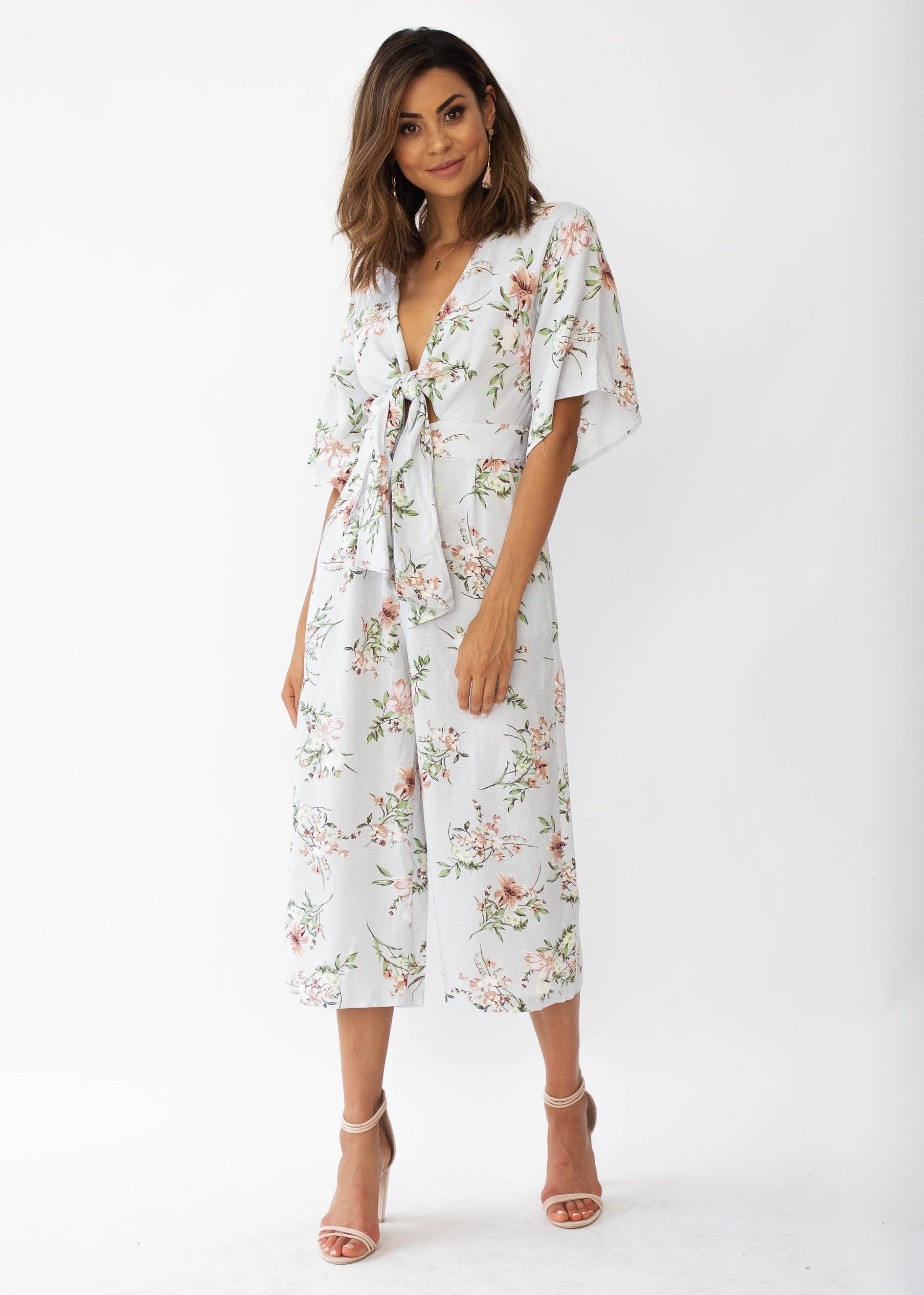 Aleia Tie Linen Pantsuit - Blue Floral