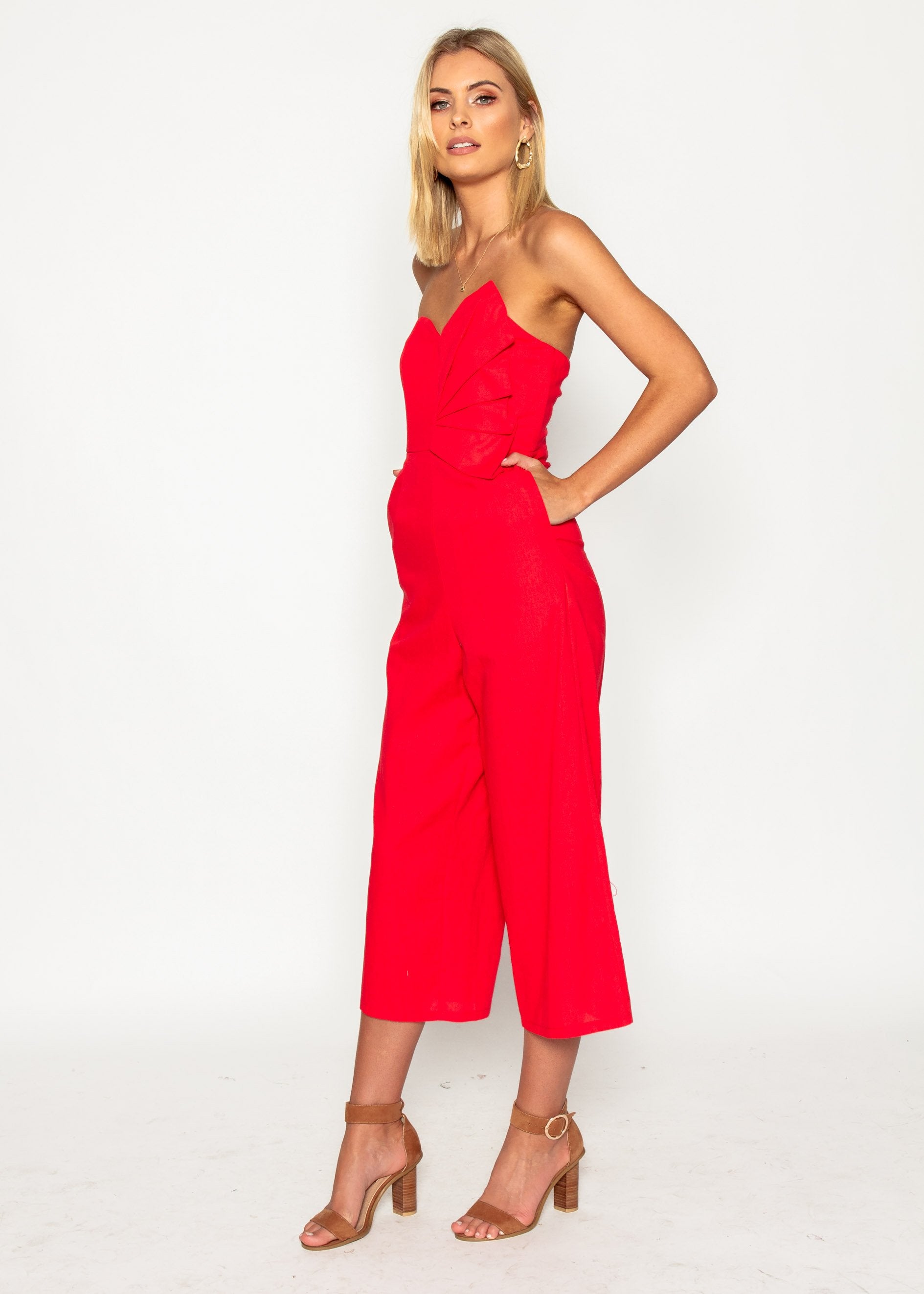 Rapid Fire Linen Strapless Pantsuit - Red