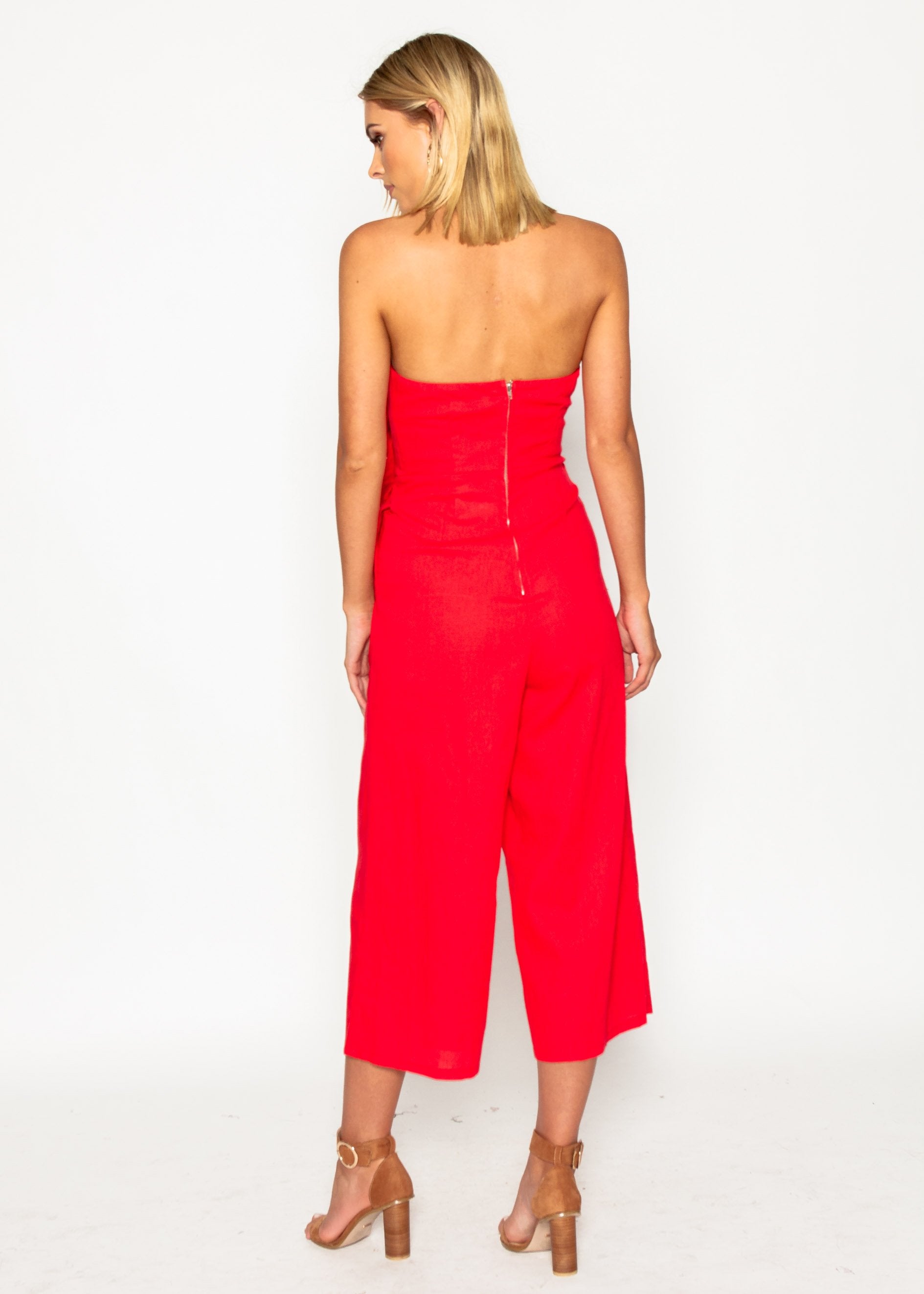 Rapid Fire Linen Strapless Pantsuit - Red