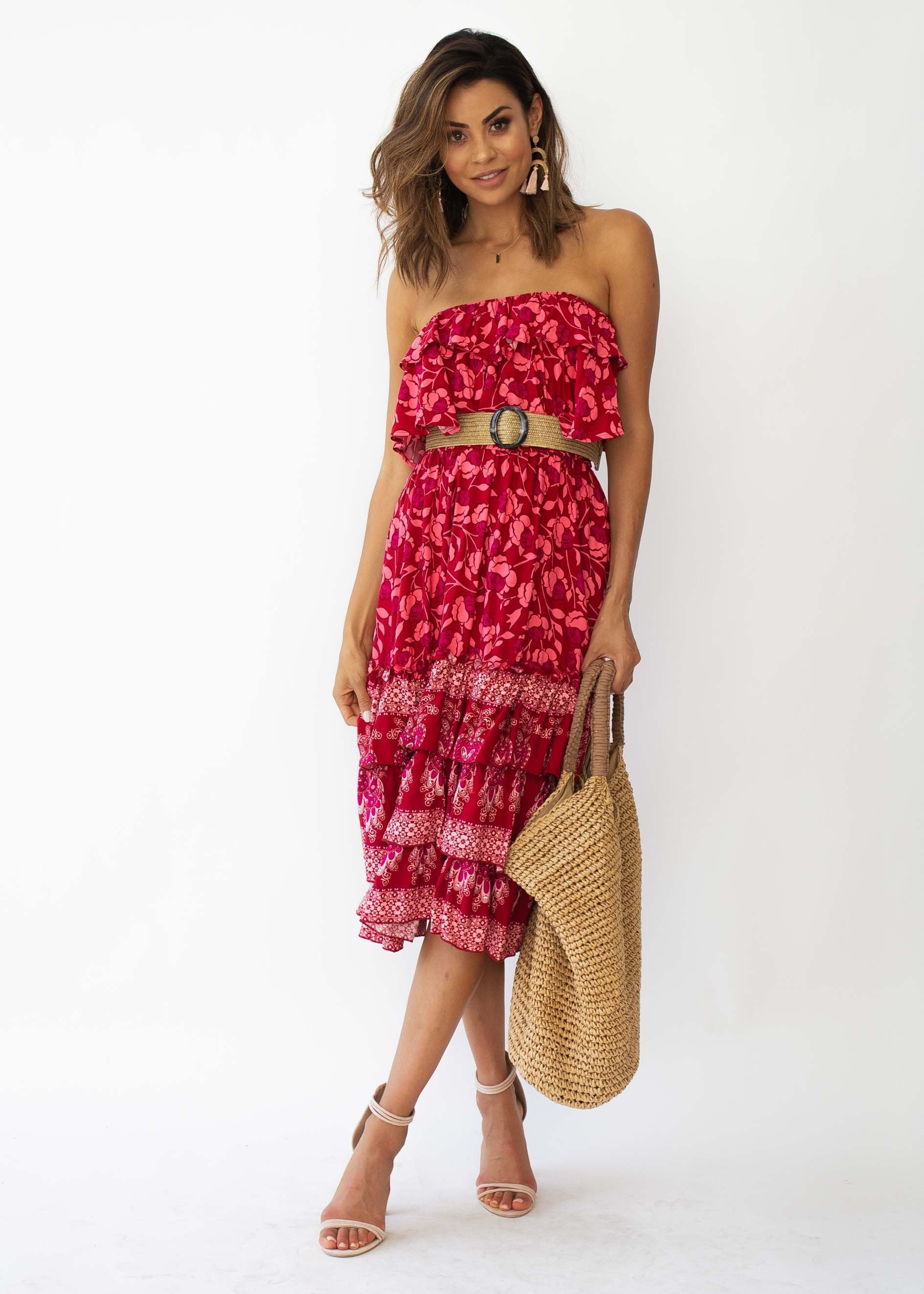 Simona Strapless Midi Dress - Crimson Floral