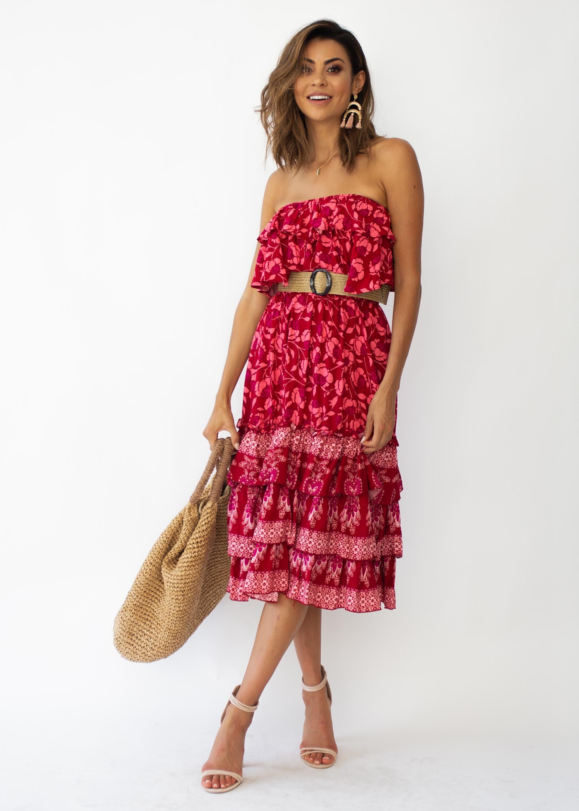 Simona Strapless Midi Dress - Crimson Floral