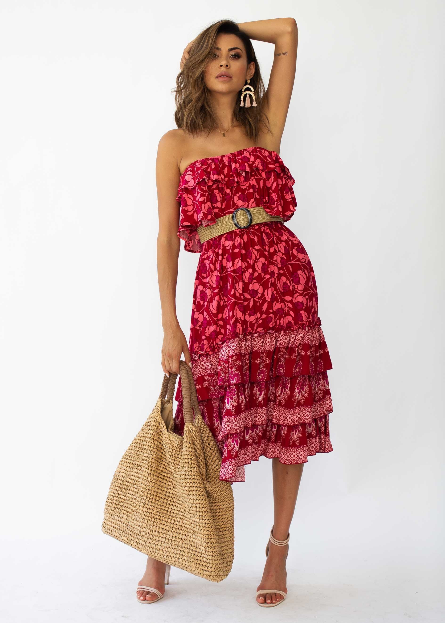 Simona Strapless Midi Dress - Crimson Floral