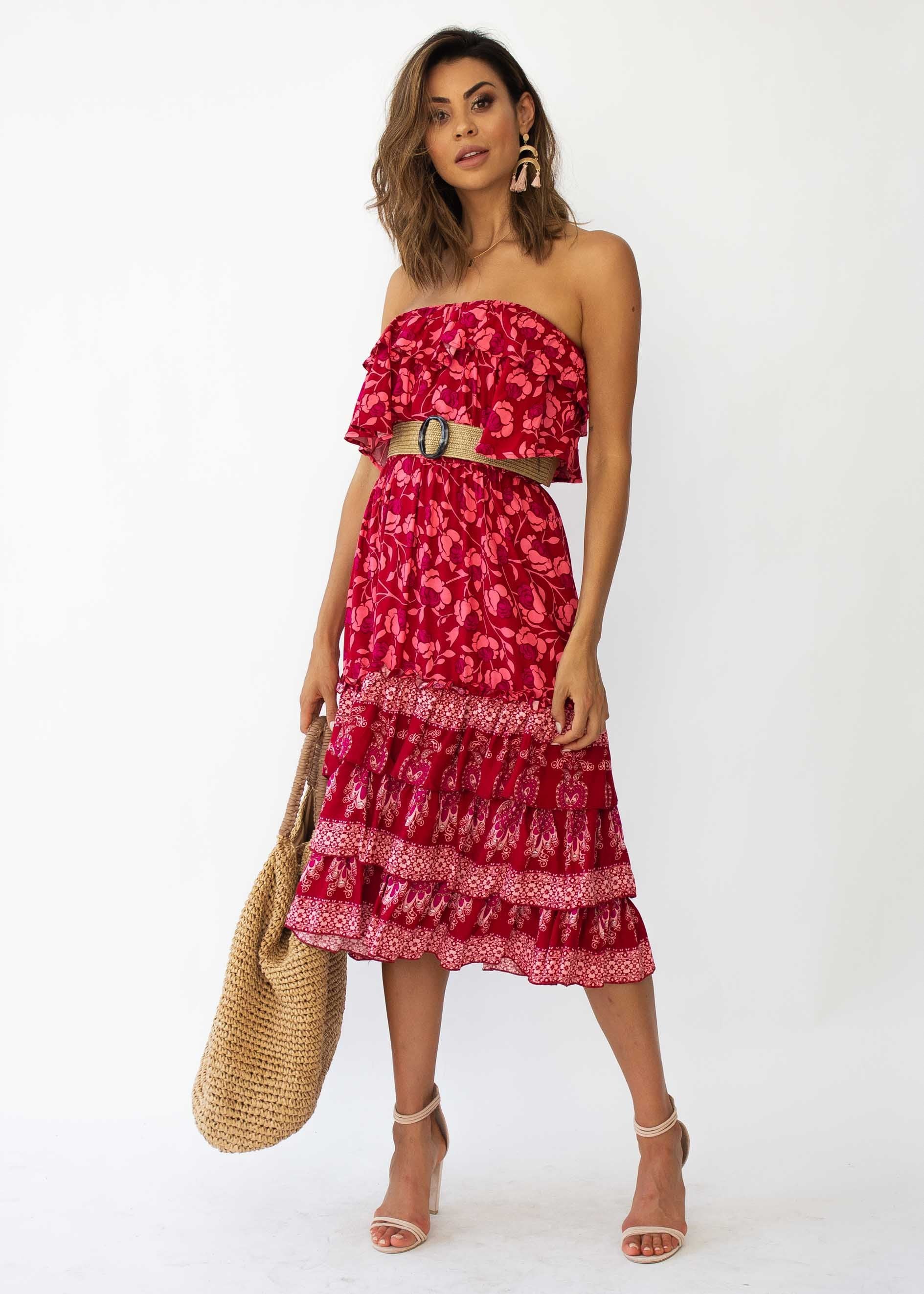 Simona Strapless Midi Dress - Crimson Floral