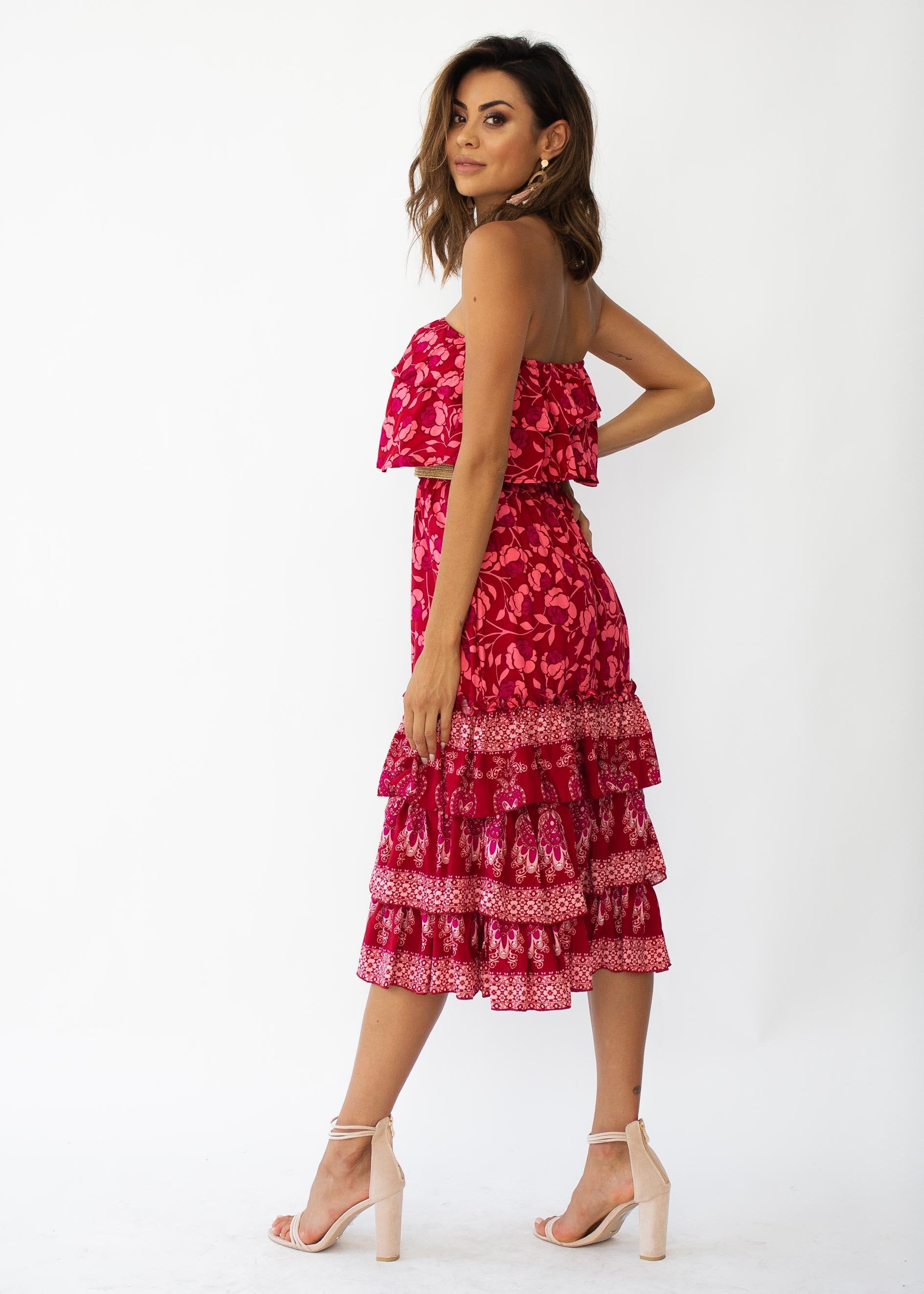 Simona Strapless Midi Dress - Crimson Floral