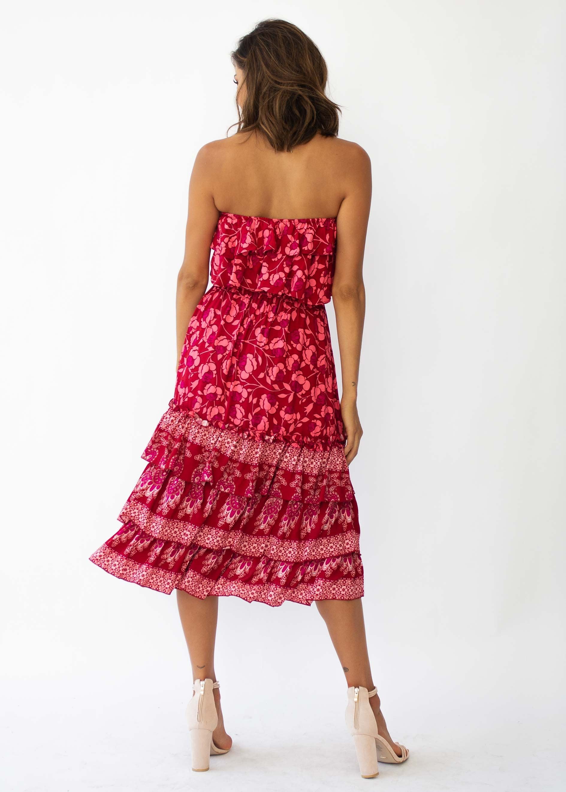 Simona Strapless Midi Dress - Crimson Floral