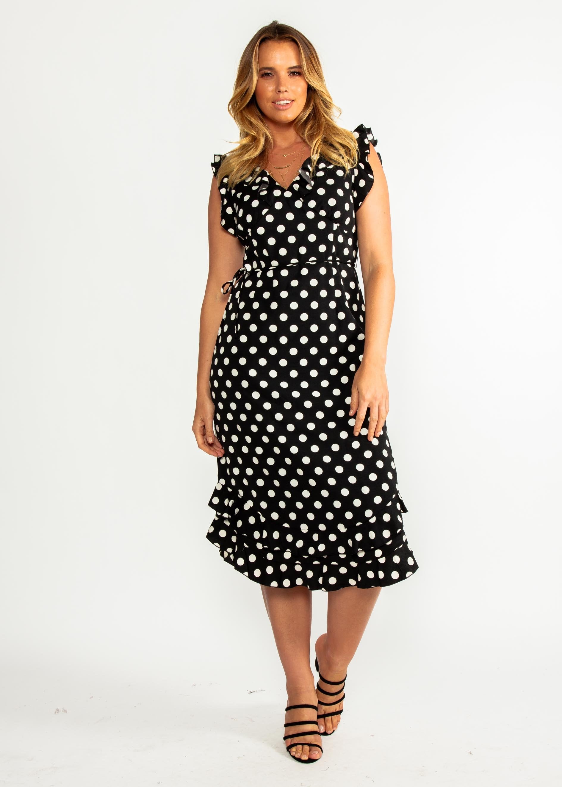 One Last Time Midi Dress - Black Polka