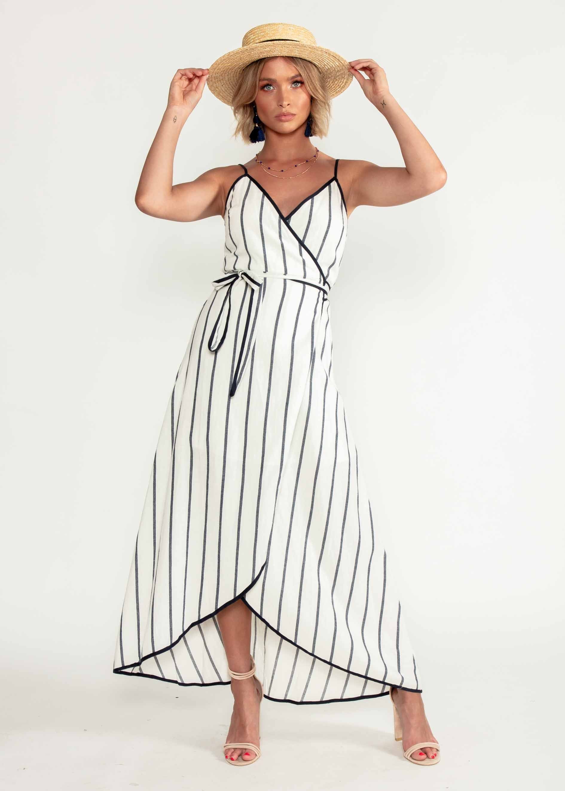 Vivian Wrap Midi Dress - White/Navy Stripe
