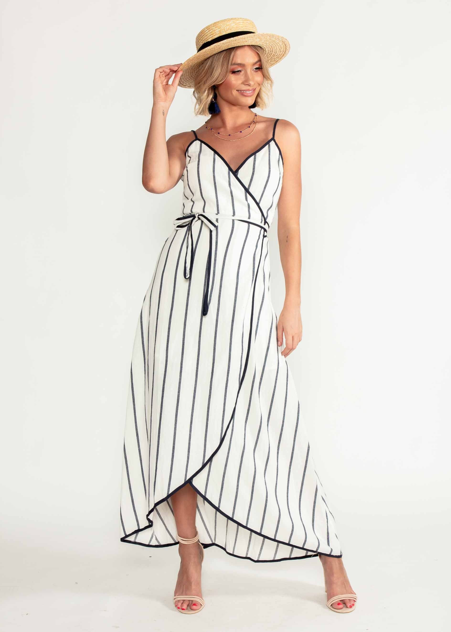 Vivian Wrap Midi Dress - White/Navy Stripe