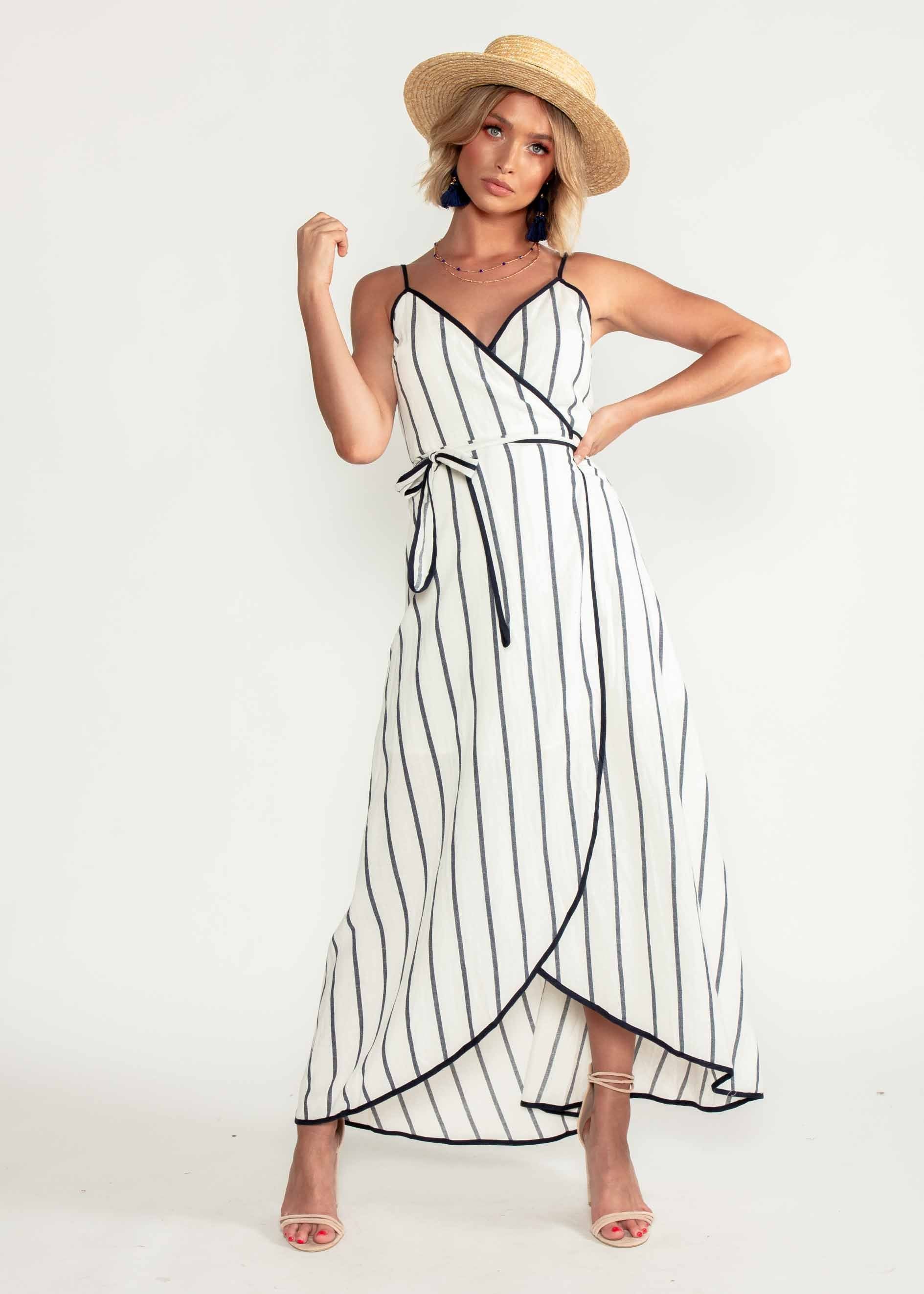 Vivian Wrap Midi Dress - White/Navy Stripe