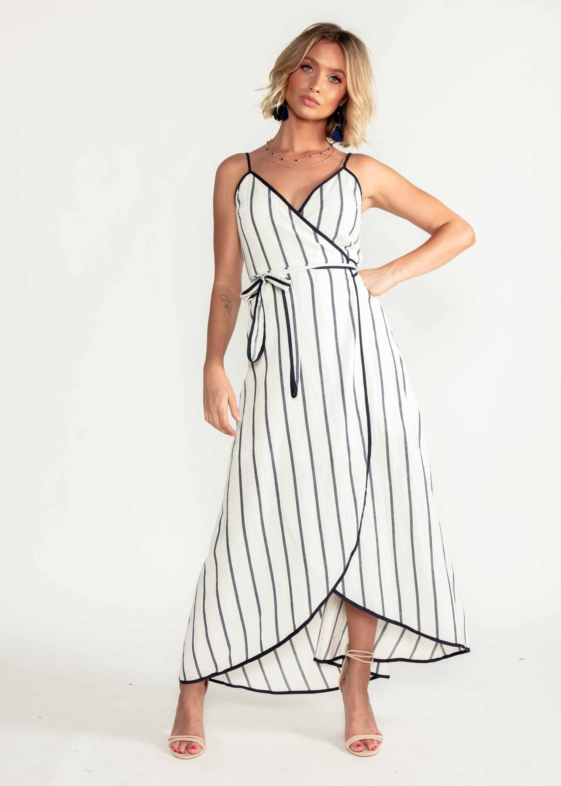 Vivian Wrap Midi Dress - White/Navy Stripe