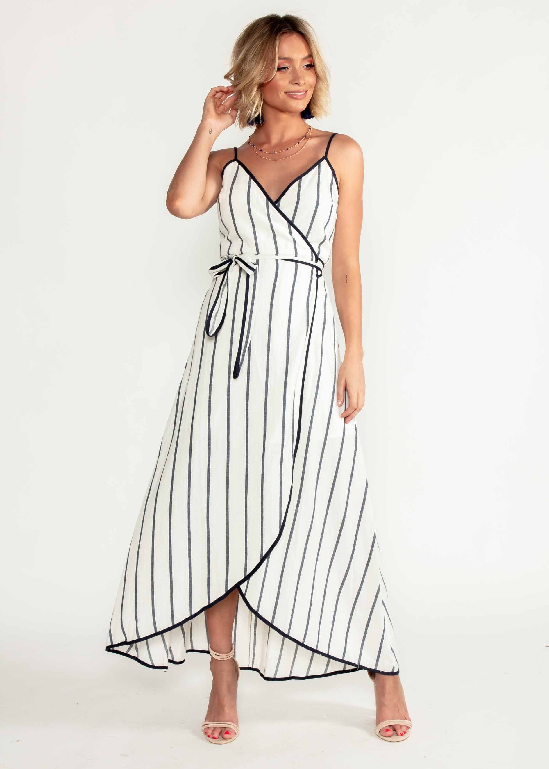 Vivian Wrap Midi Dress - White/Navy Stripe