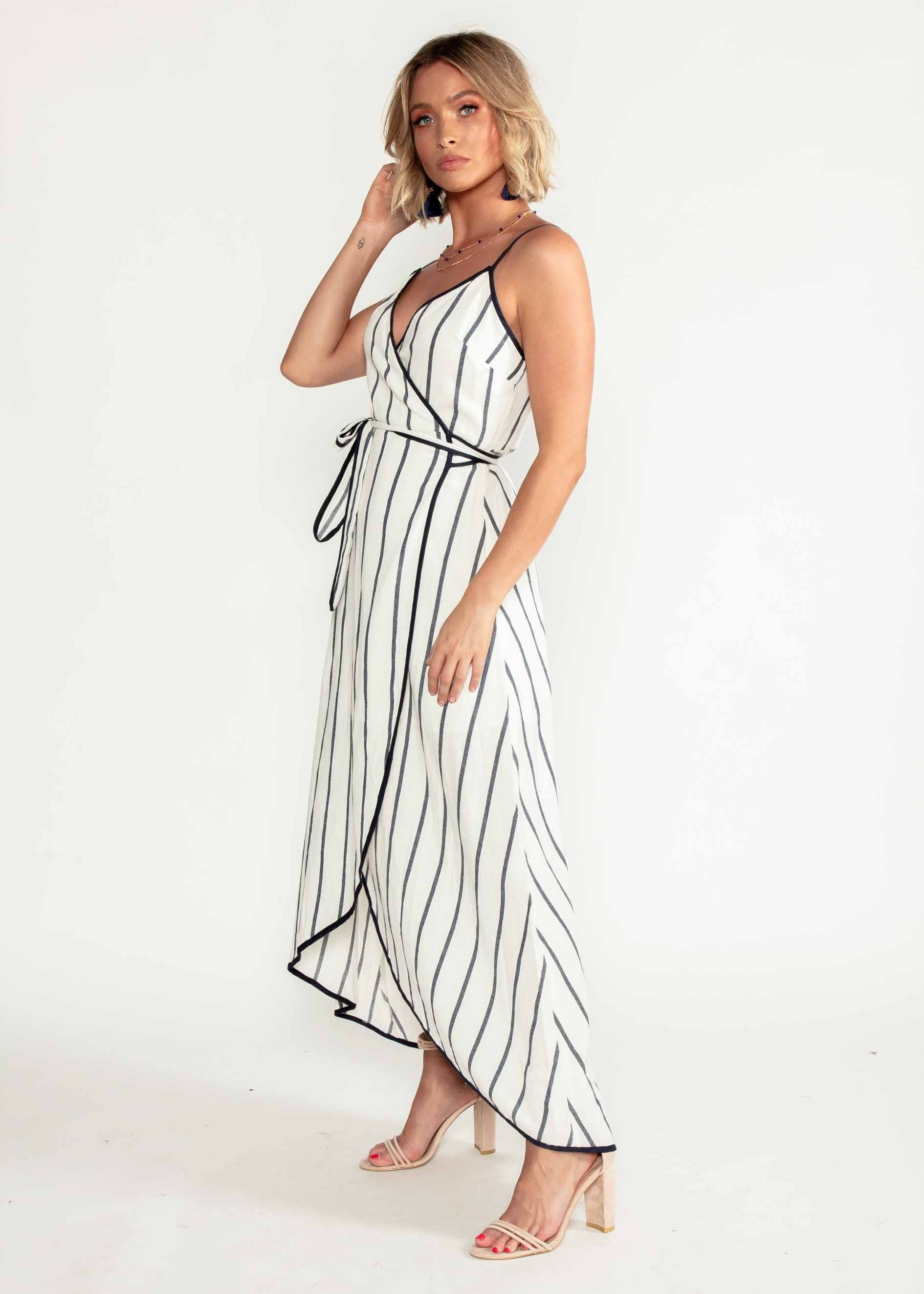 Vivian Wrap Midi Dress - White/Navy Stripe