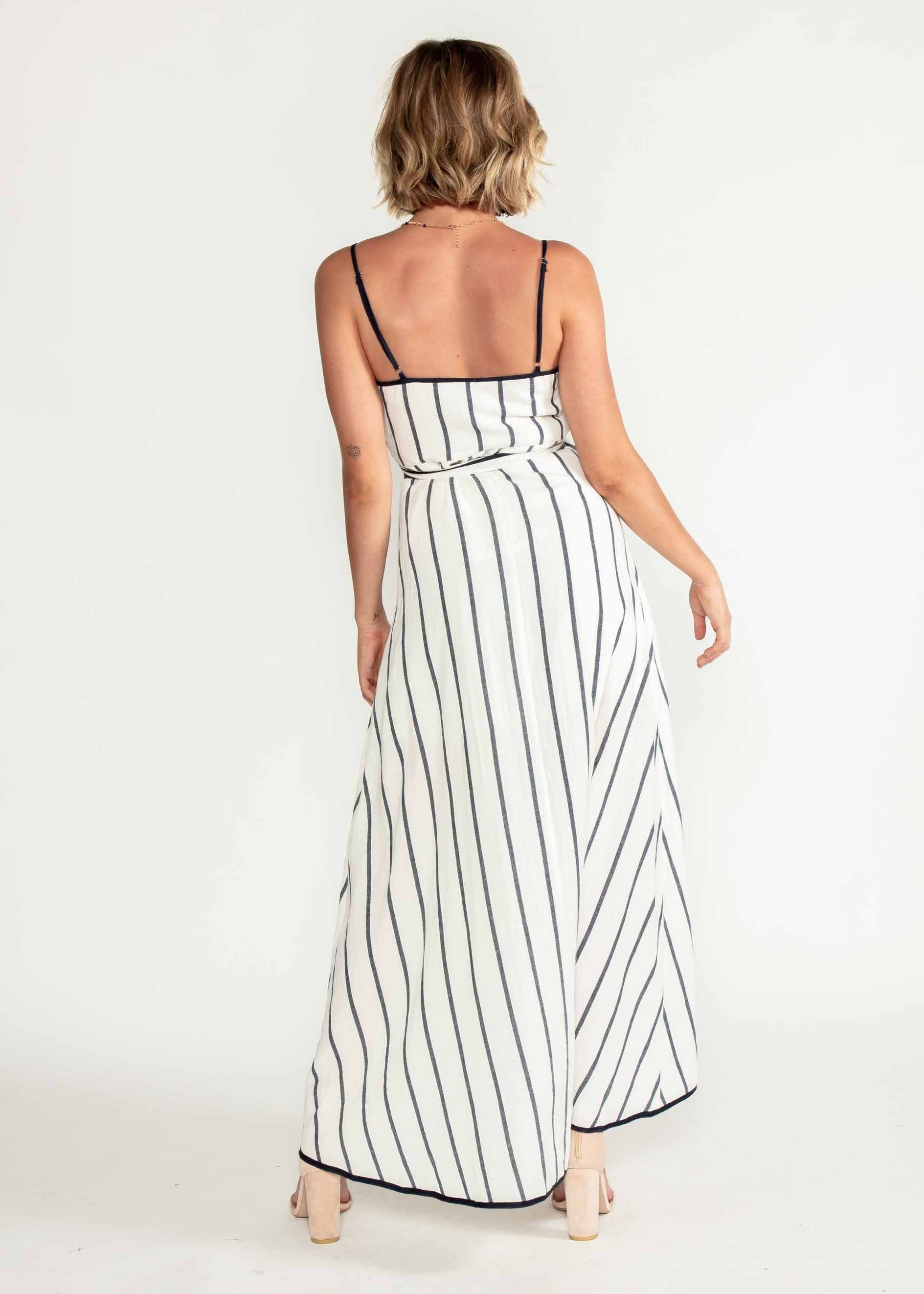 Vivian Wrap Midi Dress - White/Navy Stripe
