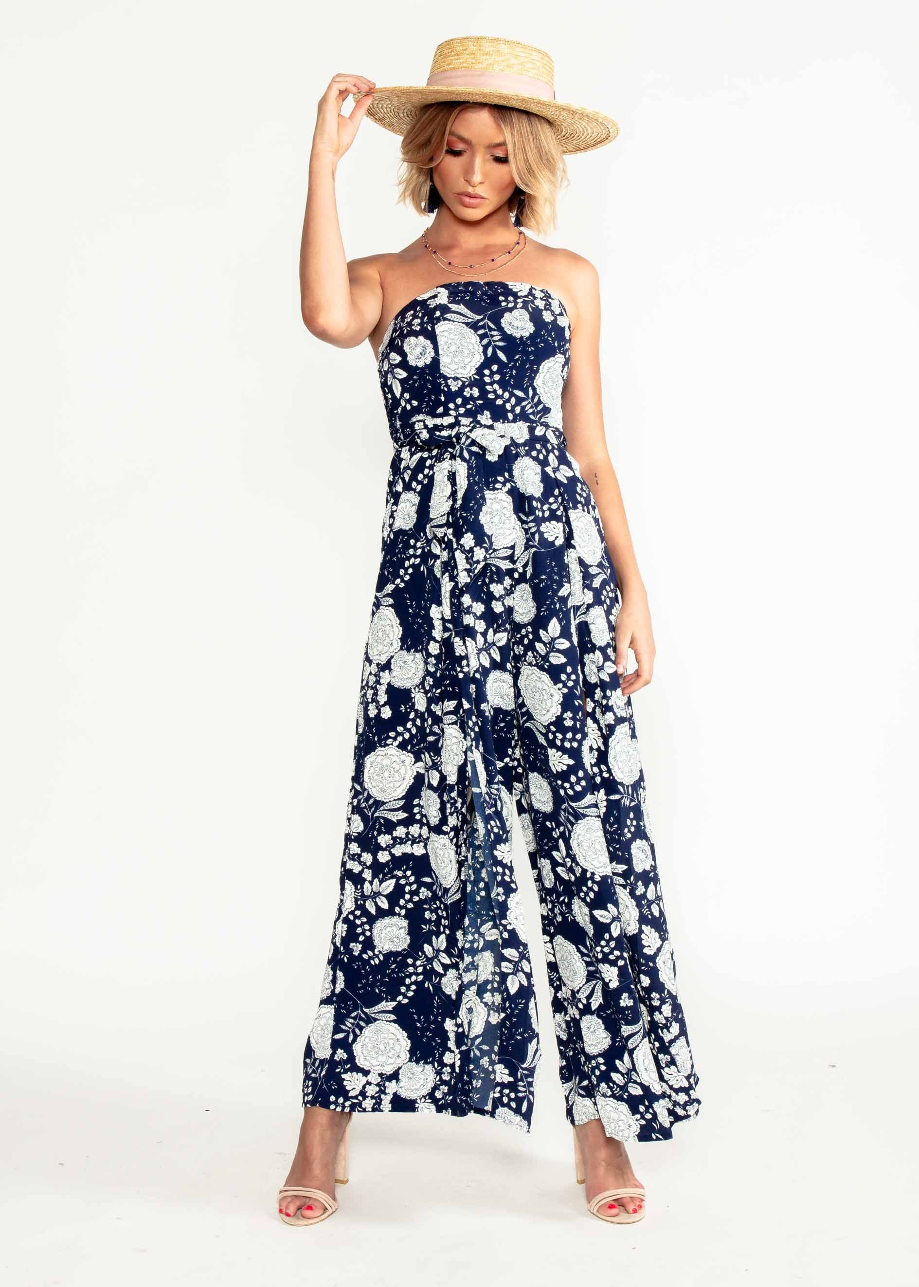 Guilt Free Strapless Pantsuit - Navy/White Floral