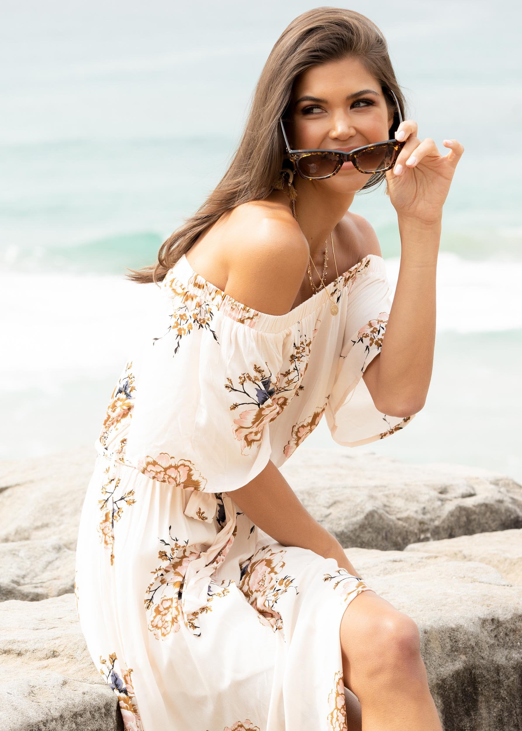 Elodie Off Shoulder Midi Dress w/ Tie - Posie
