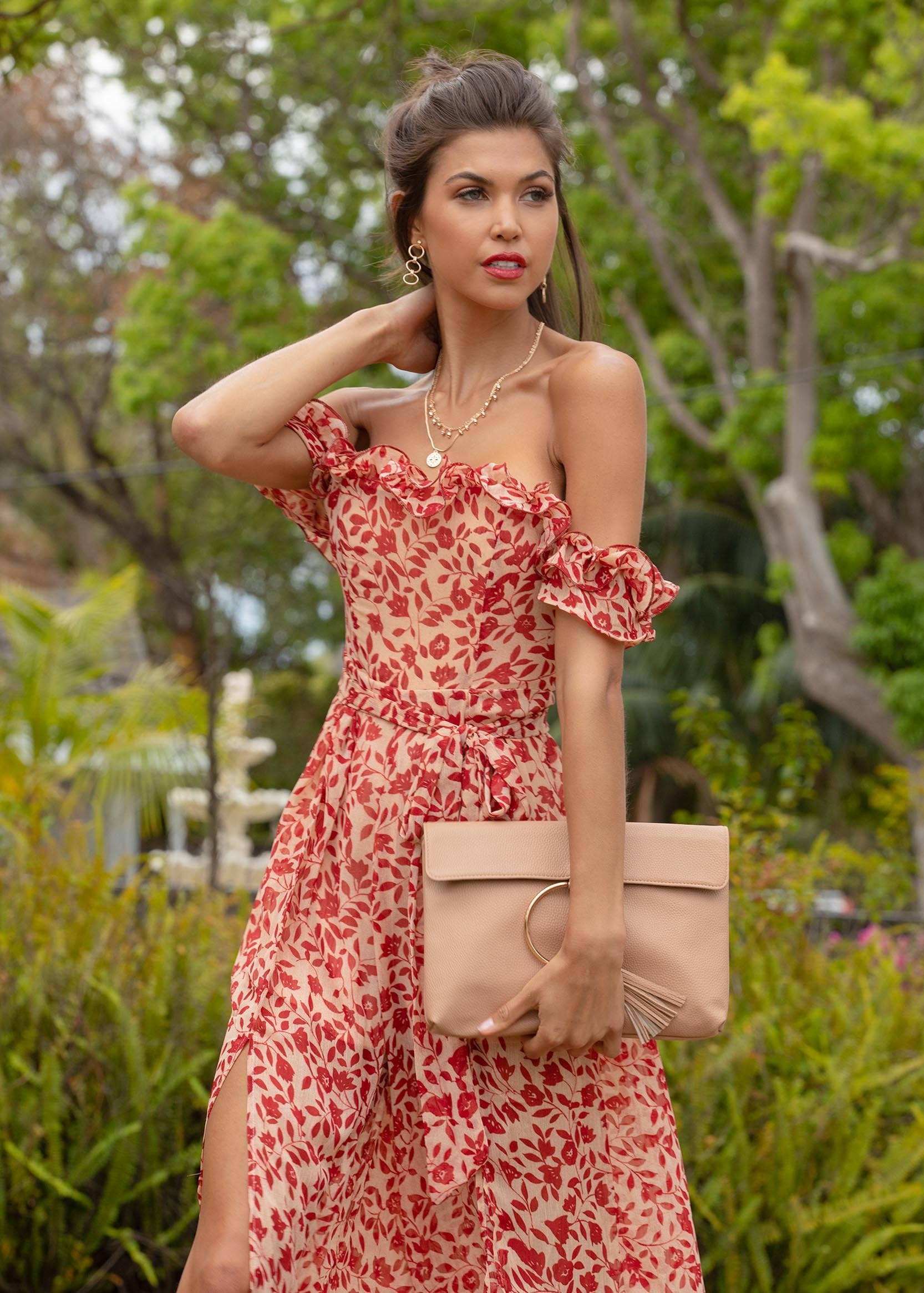 Siren Off Shoulder Pantsuit - Red Floral