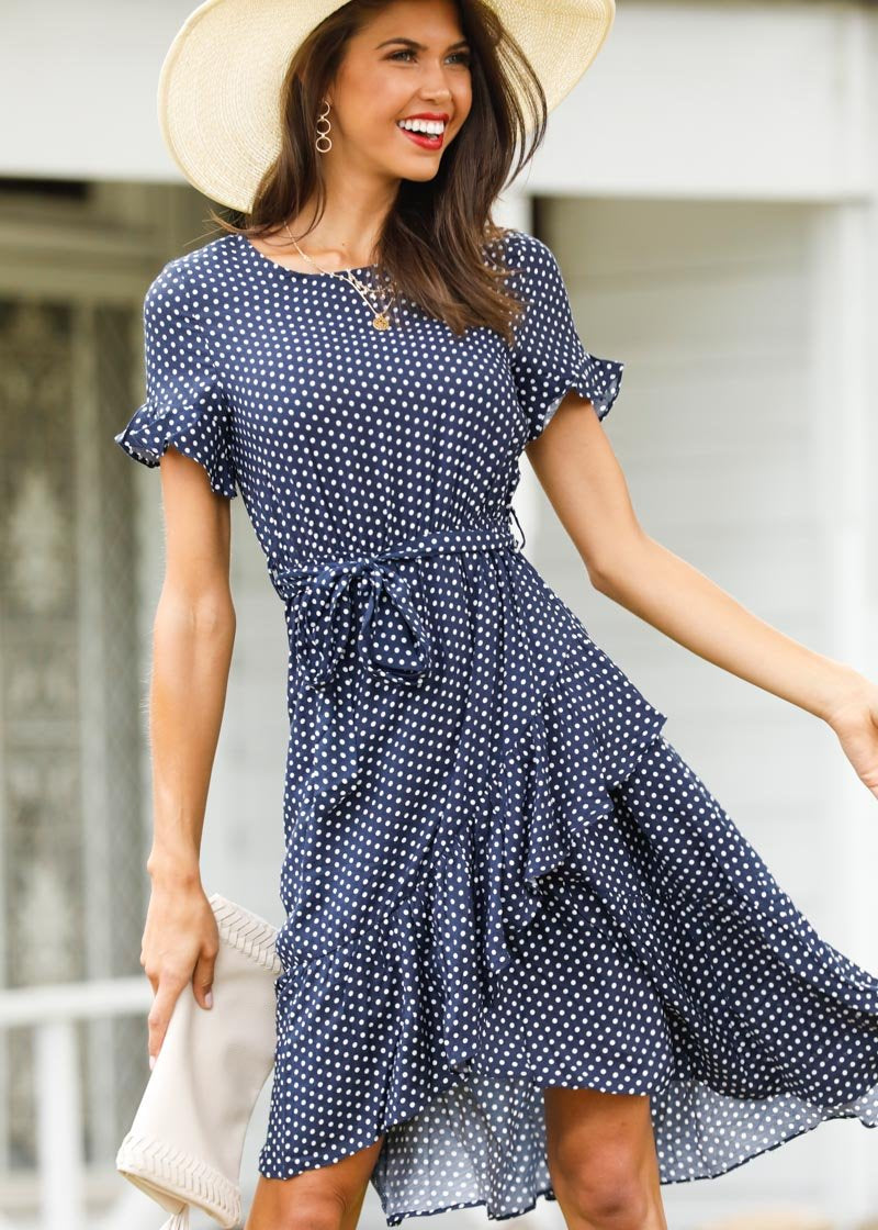Out From Under Midi Dress w/ Tie - Navy Polka