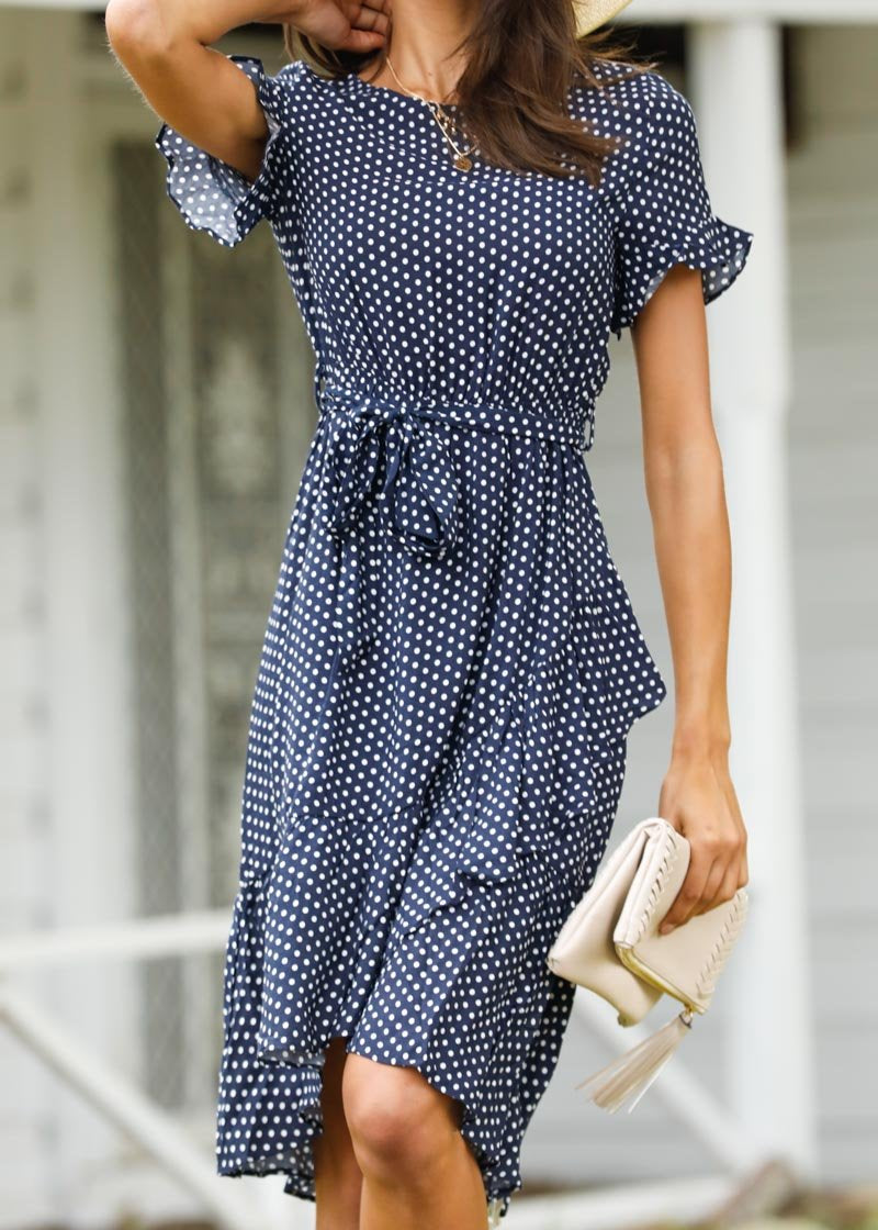 Out From Under Midi Dress w/ Tie - Navy Polka