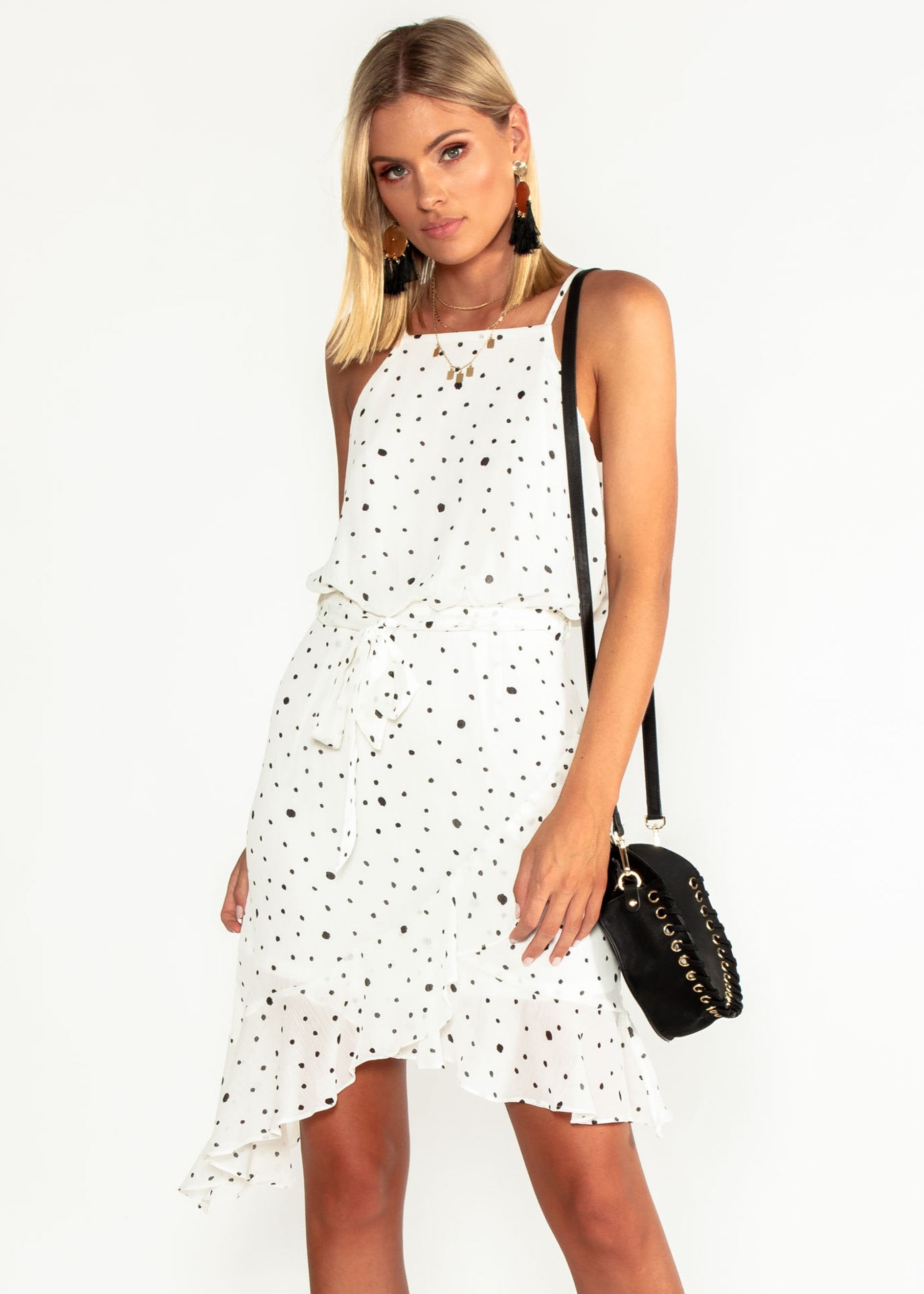 Thalia Chiffon Dress w/ Tie - White Spot