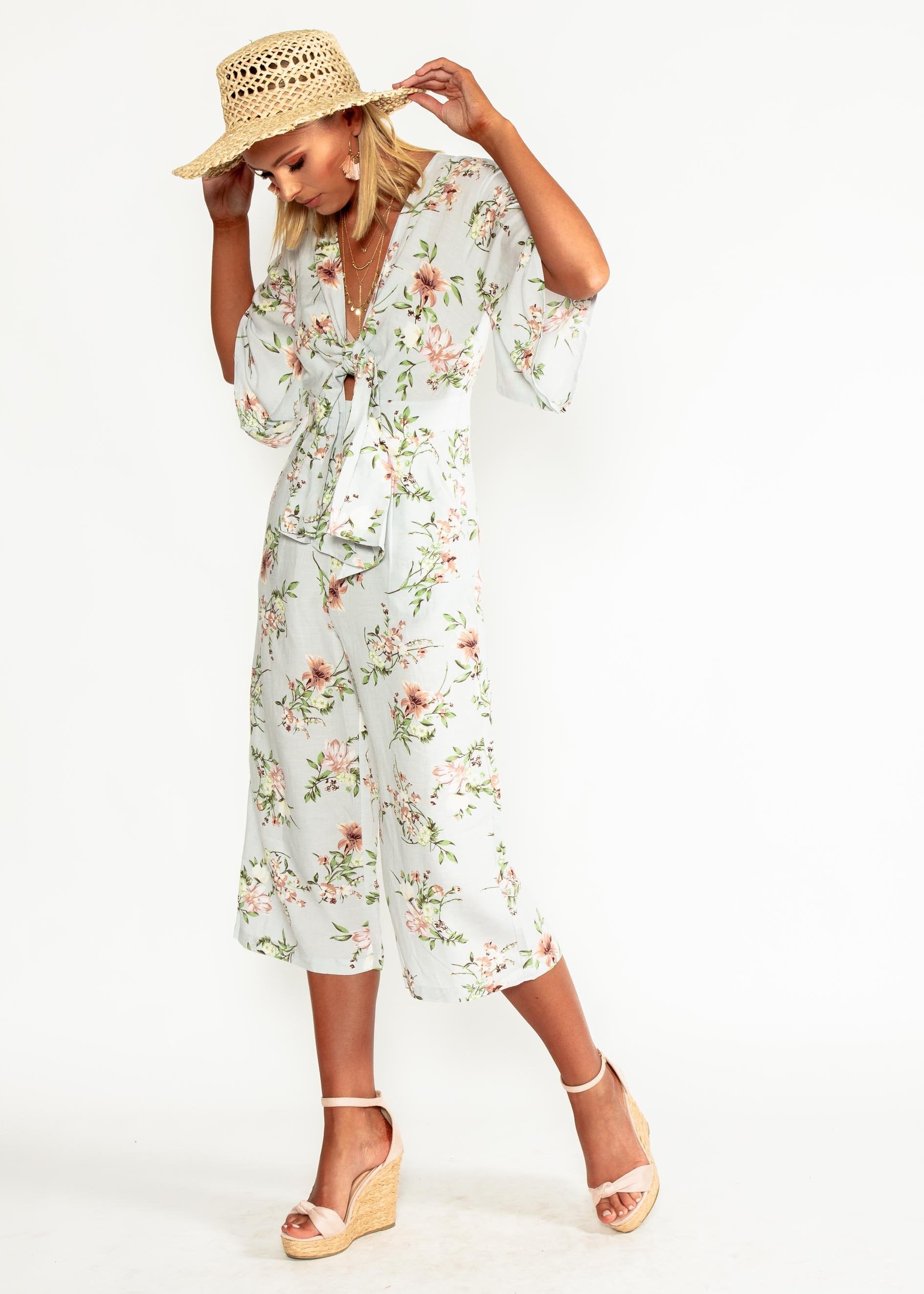 Aleia Tie Linen Pantsuit - Blue Floral