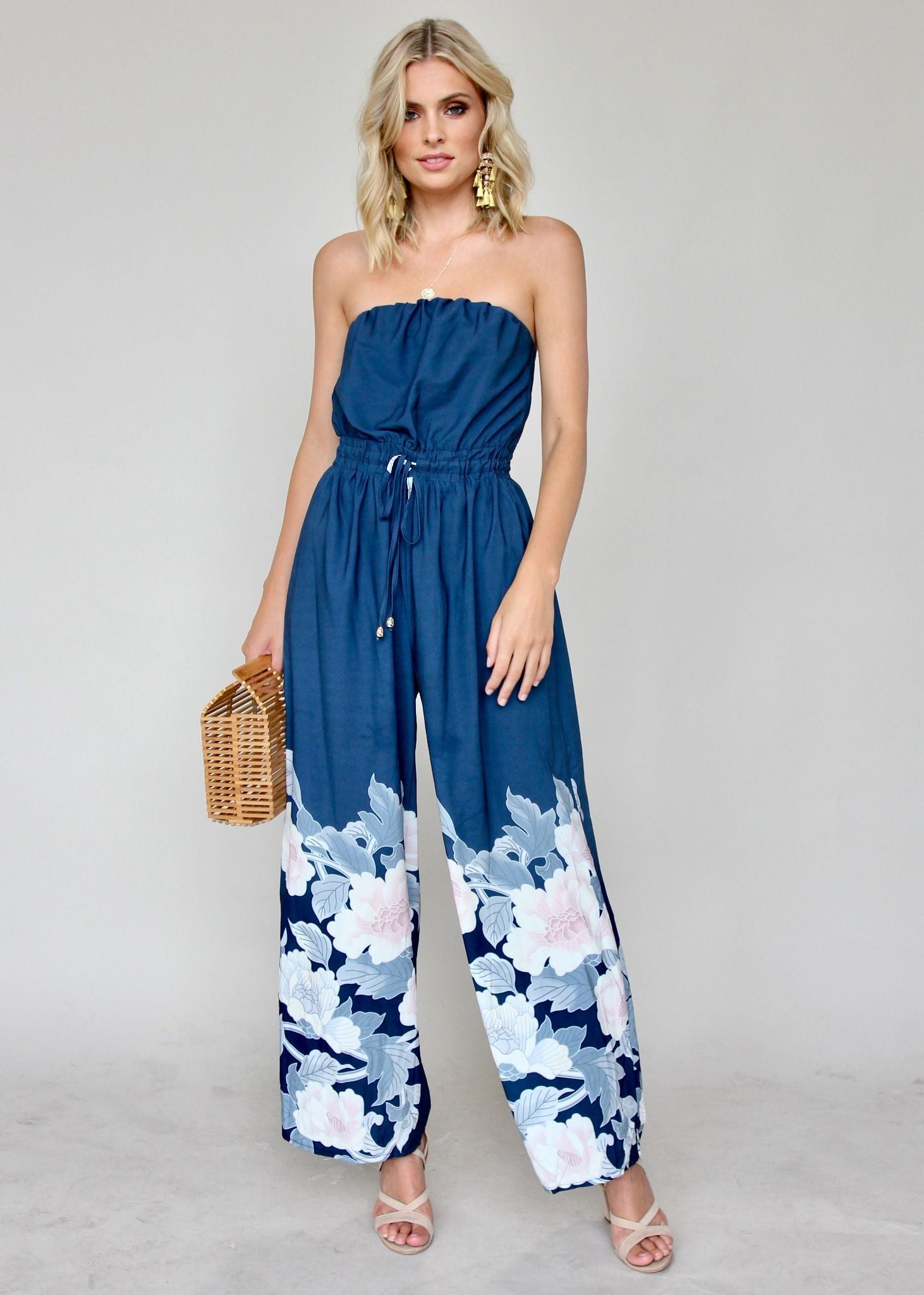 Luminous Love Strapless Pantsuit - Blue Floral