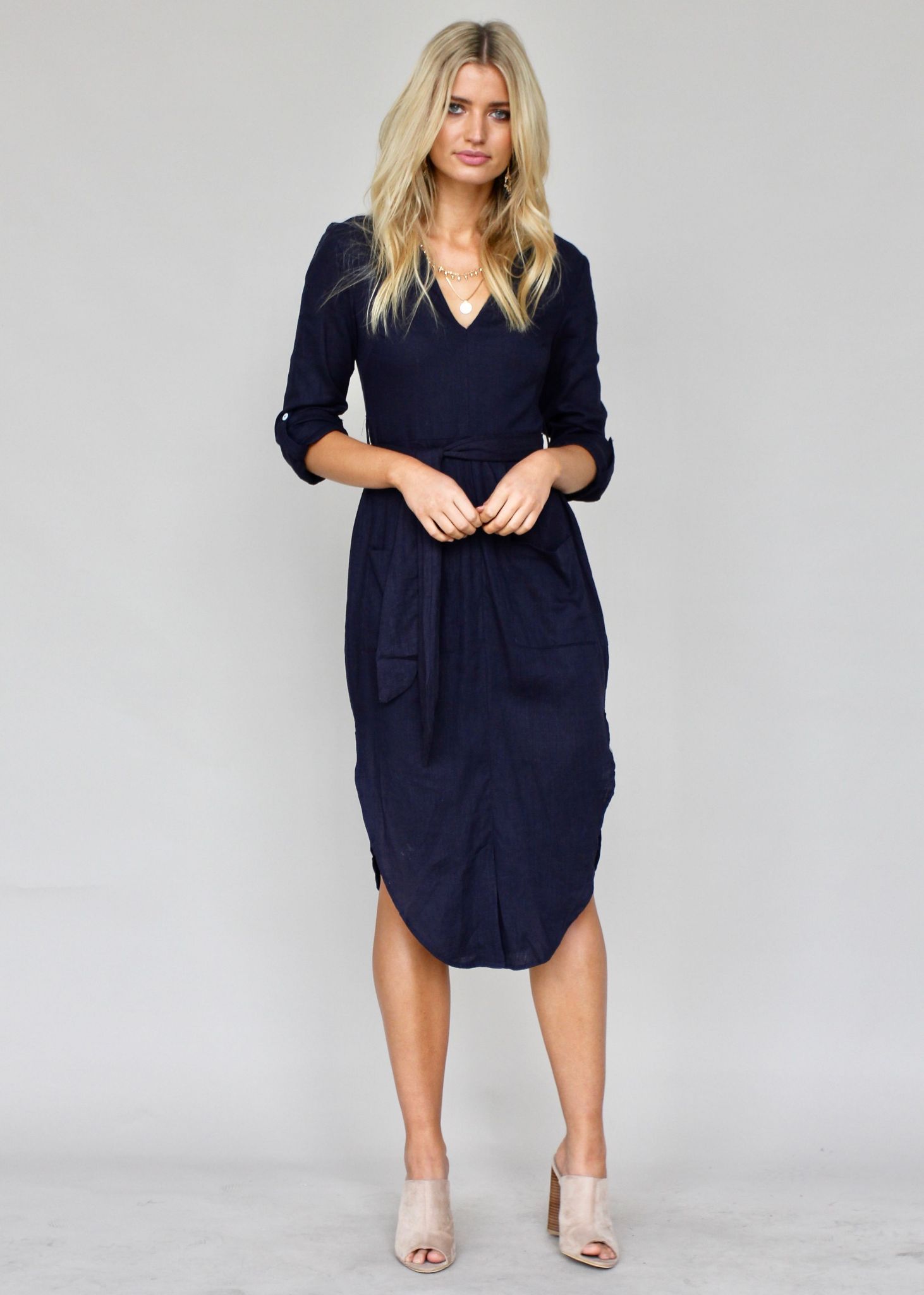 Meant For You Linen Midi Dress w/ Tie - Navy