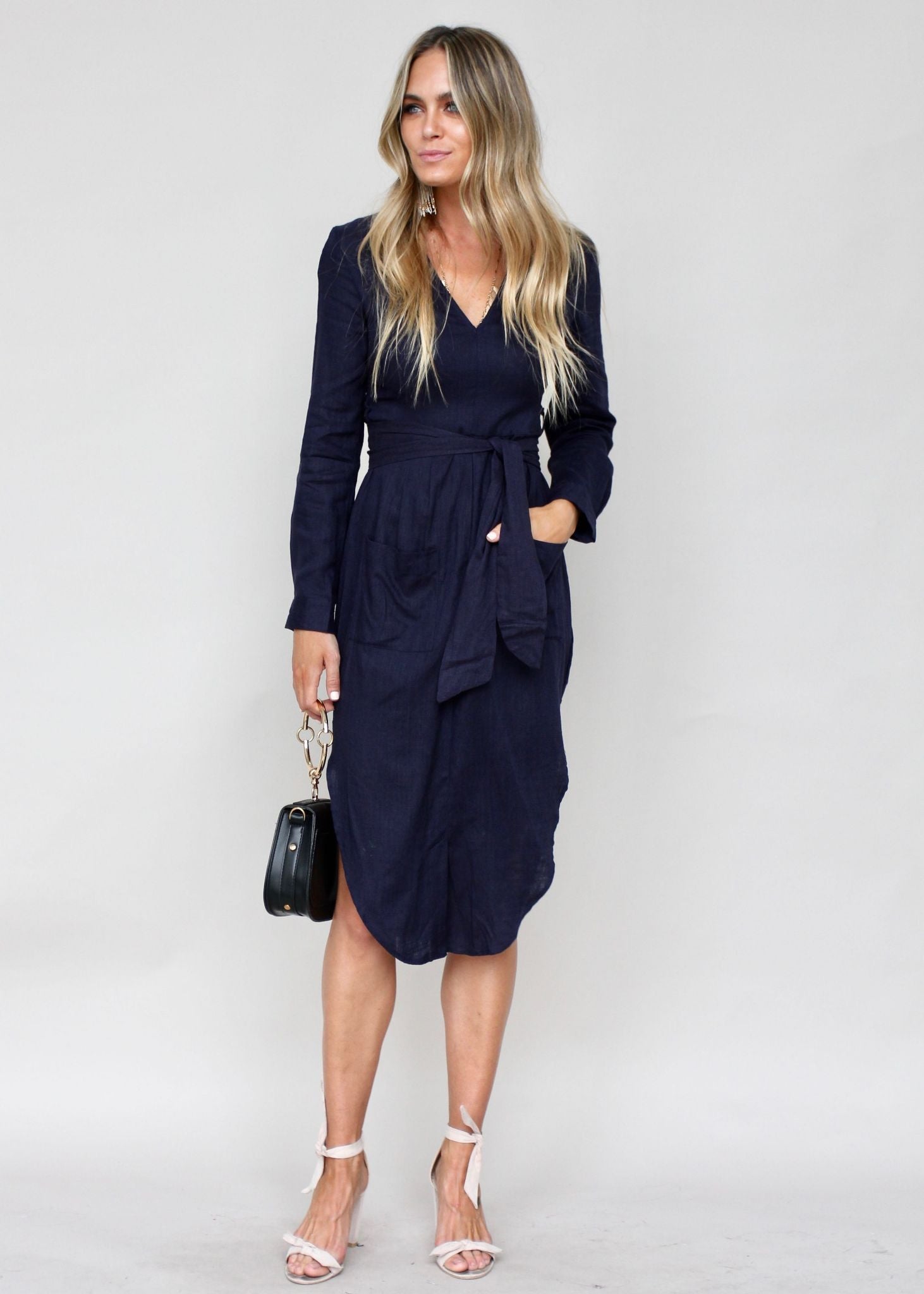 Meant For You Linen Midi Dress w/ Tie - Navy