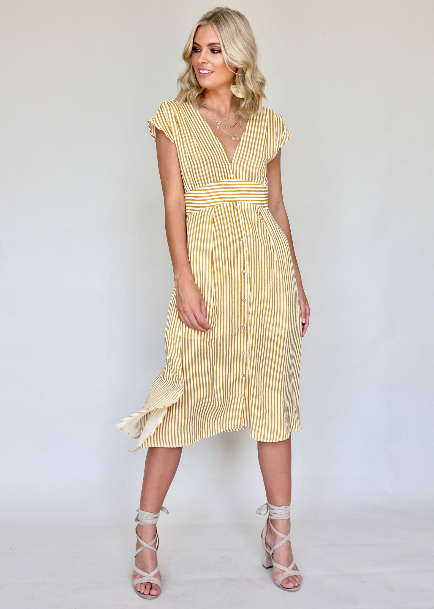 To Be Kind Midi Dress - Mustard Stripe