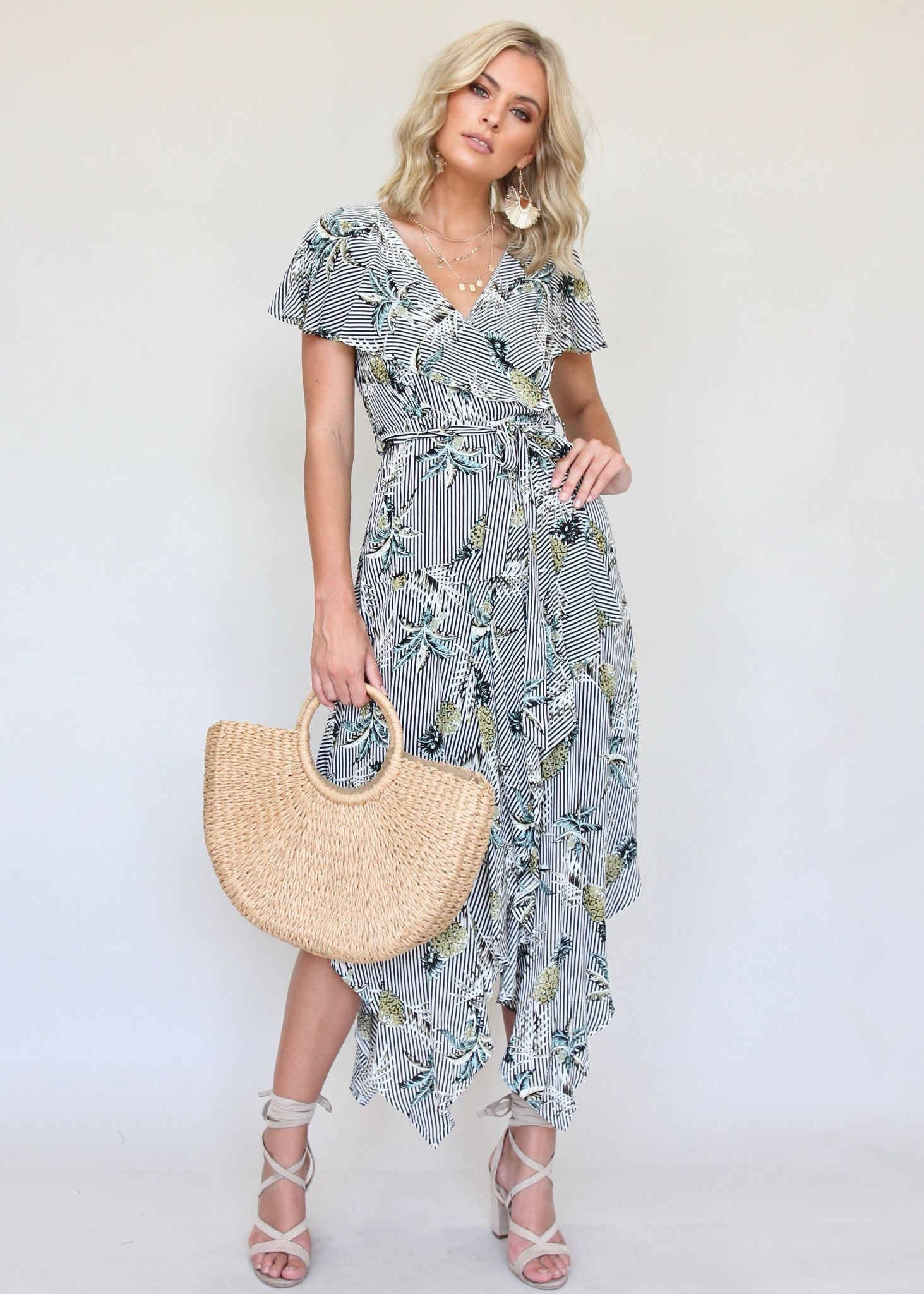 Navarro Midi Dress - Palm Stripe