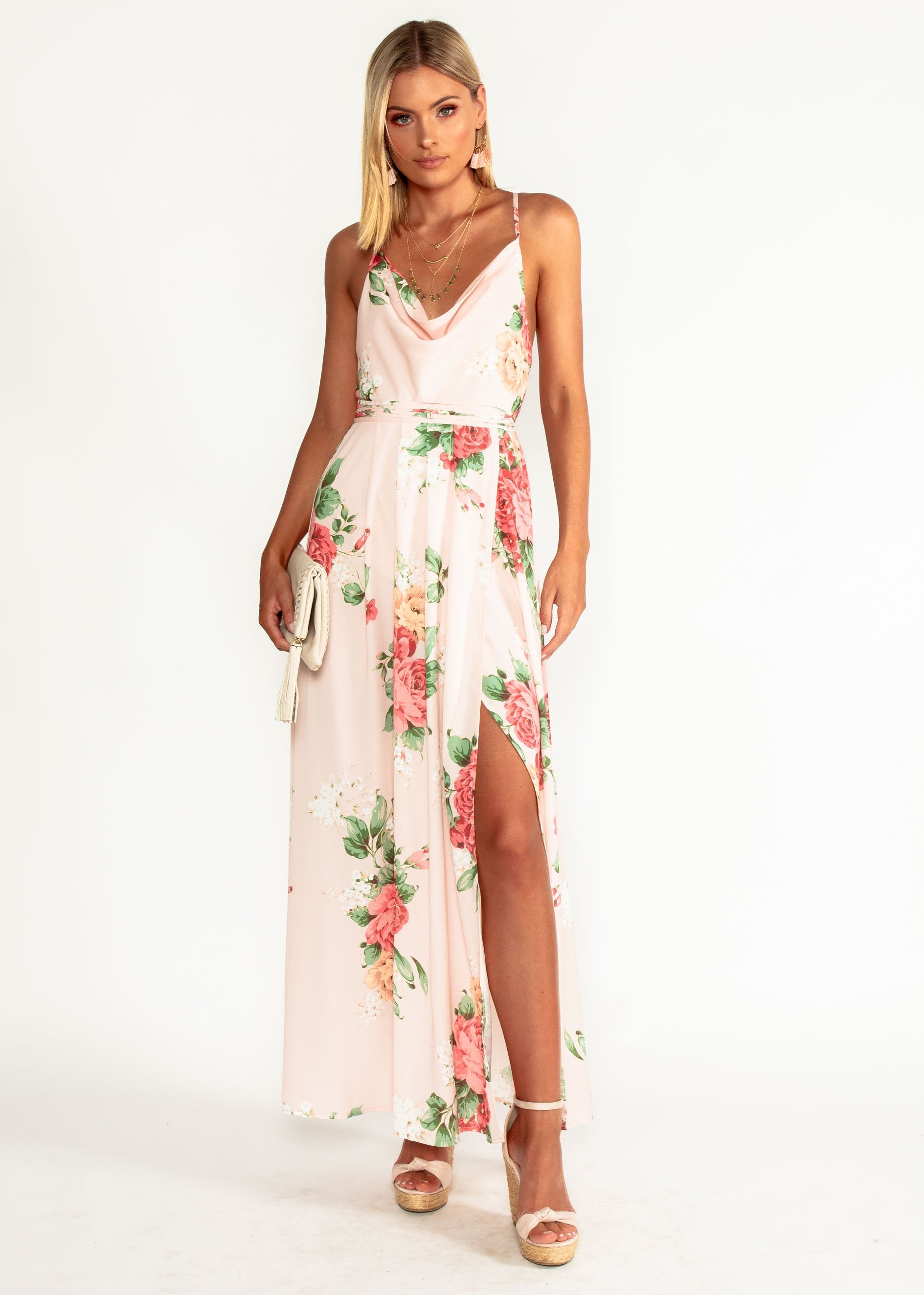 Sienna Halter Maxi Dress - Peach Floral