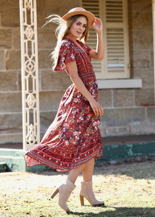 Leaving California Midi Dress - Red Floral