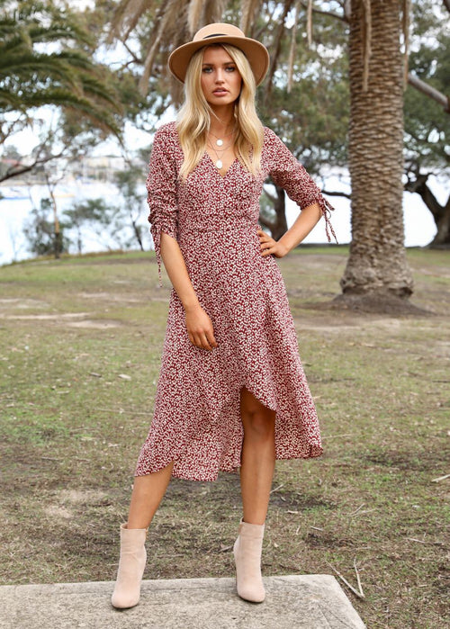 Light Fields Wrap Dress - Maroon Floral